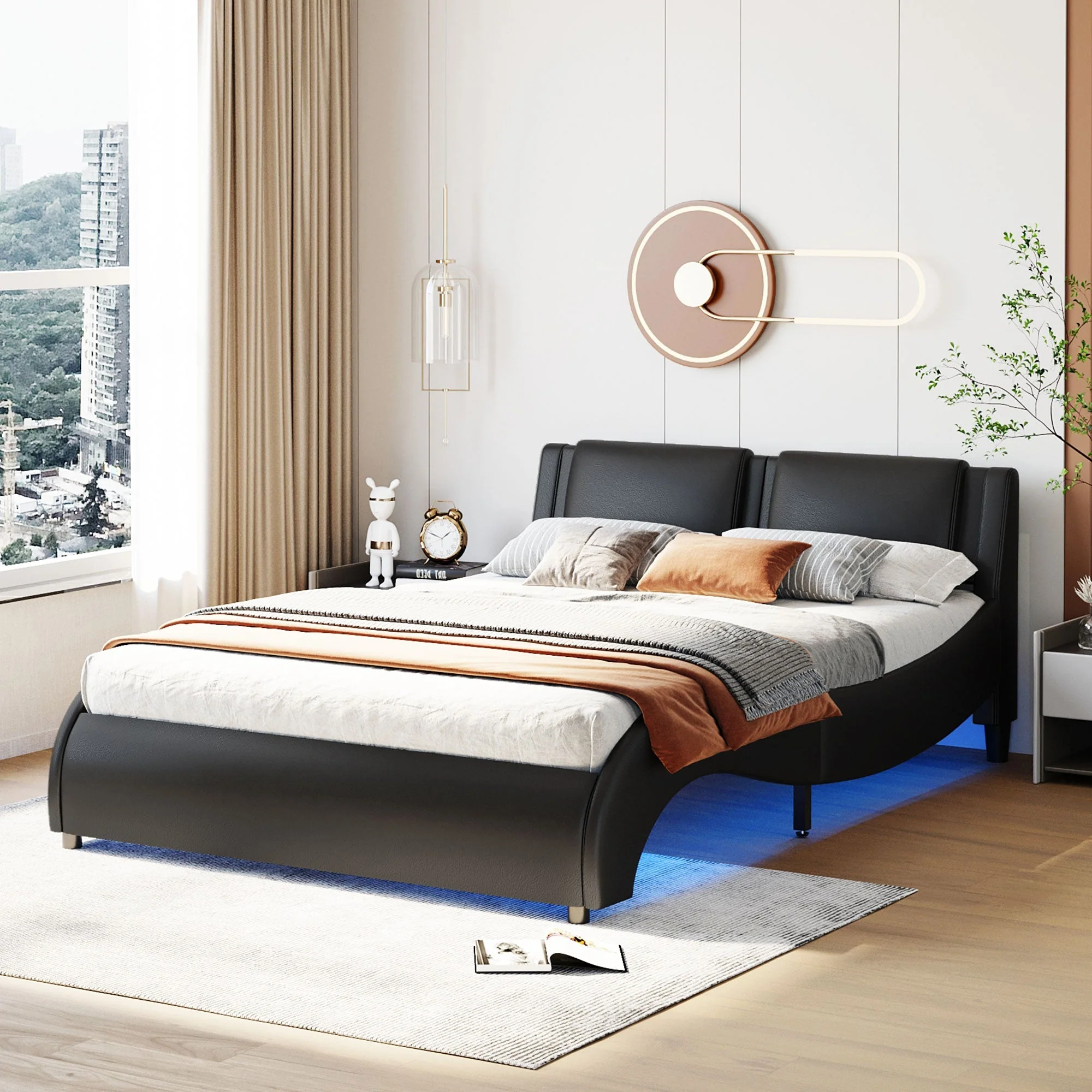Upholstered Bed, 140x200cm, LED Light Faux Leather, Black - Image 3