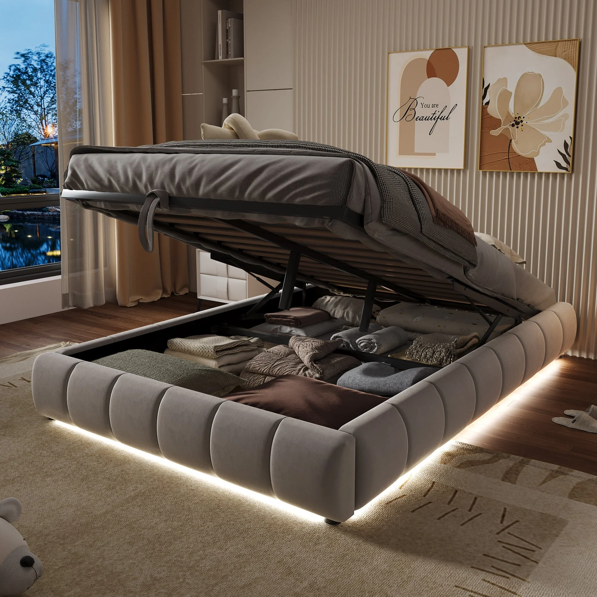 Upholstered Bed, 140x200cm, LED Light, Hydraulic Floating, Beige - Image 3