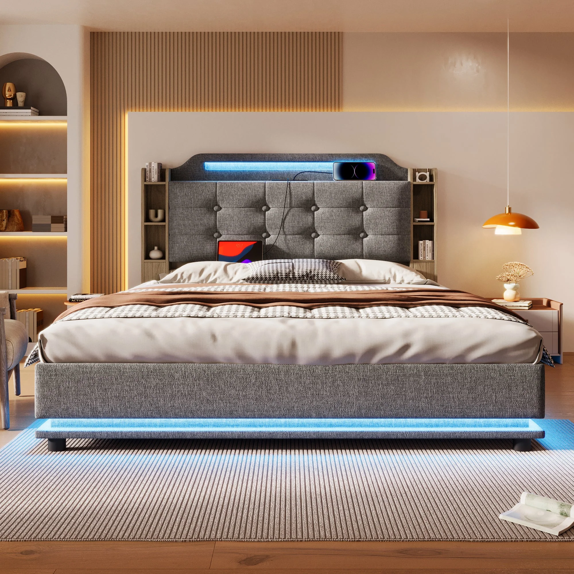 Upholstered Bed 140x200cm, LED Light Strip, Hydraulic Storage, USB + Type-C, Grey Linen - Image 4
