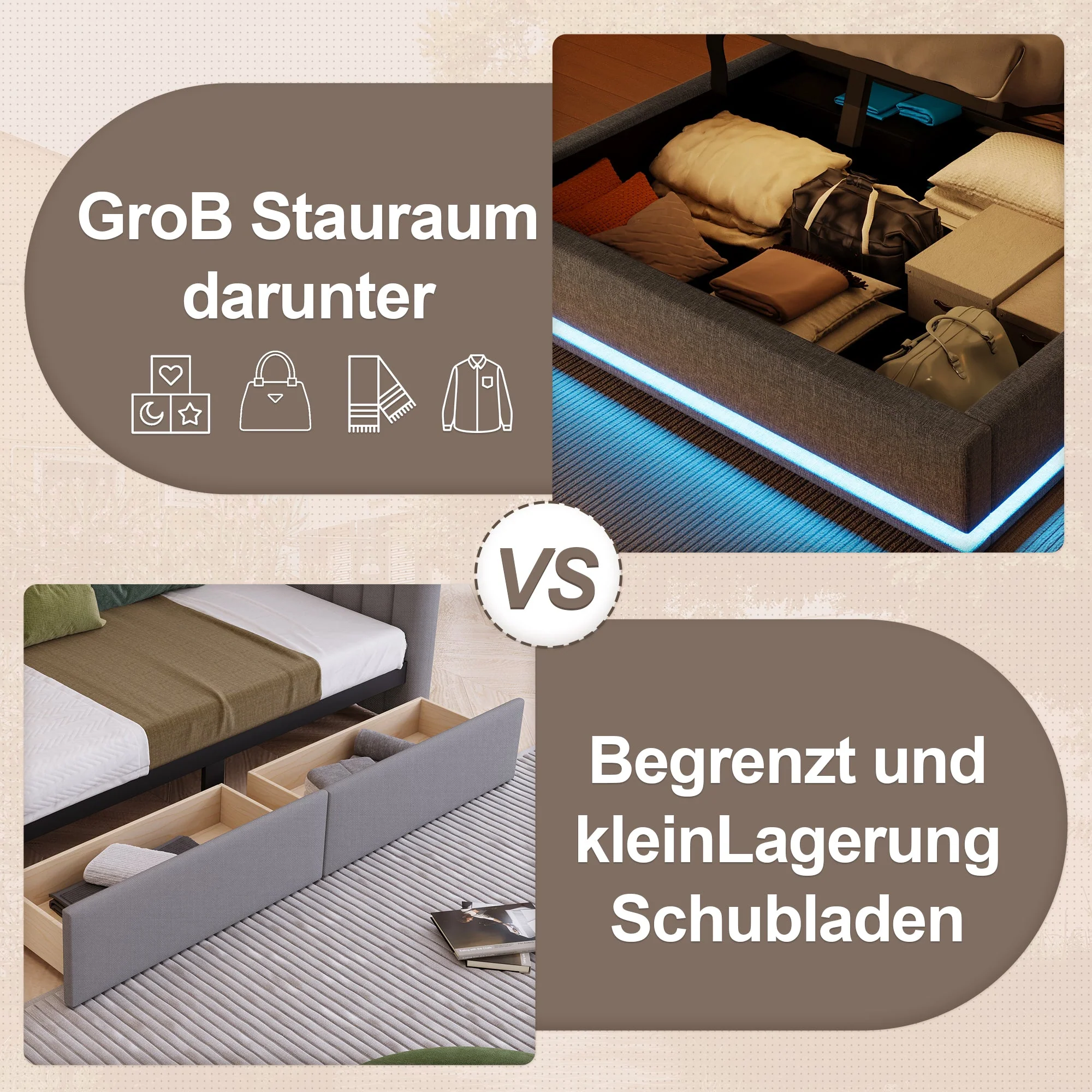 Upholstered Bed 140x200cm, LED Light Strip, Hydraulic Storage, USB + Type-C, Grey Linen - Image 7