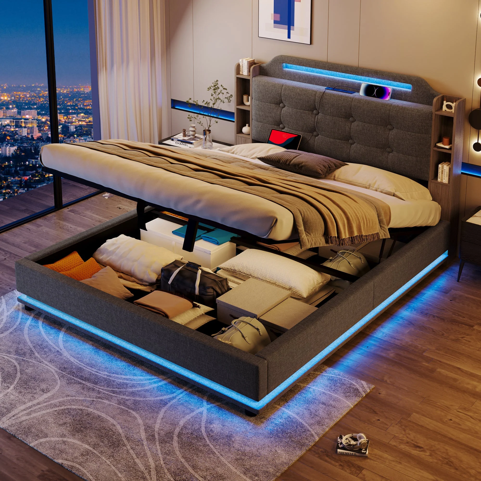 Upholstered Bed 140x200cm, LED Light Strip, Hydraulic Storage, USB + Type-C, Grey Linen - Image 8