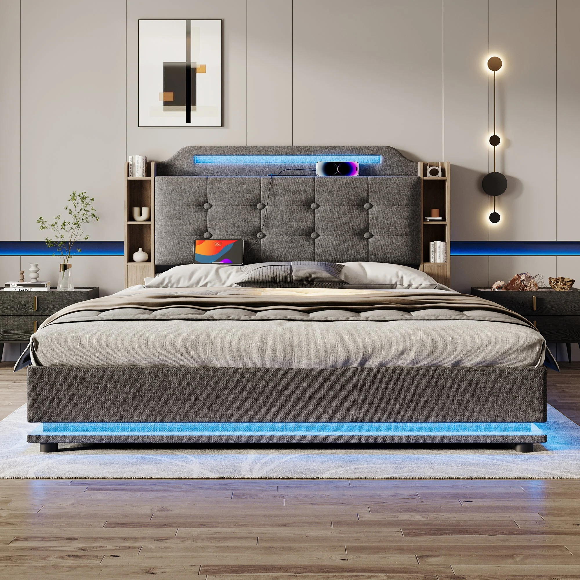 Upholstered Bed 140x200cm, LED Light Strip, Hydraulic Storage, USB + Type-C, Grey Linen - Image 9