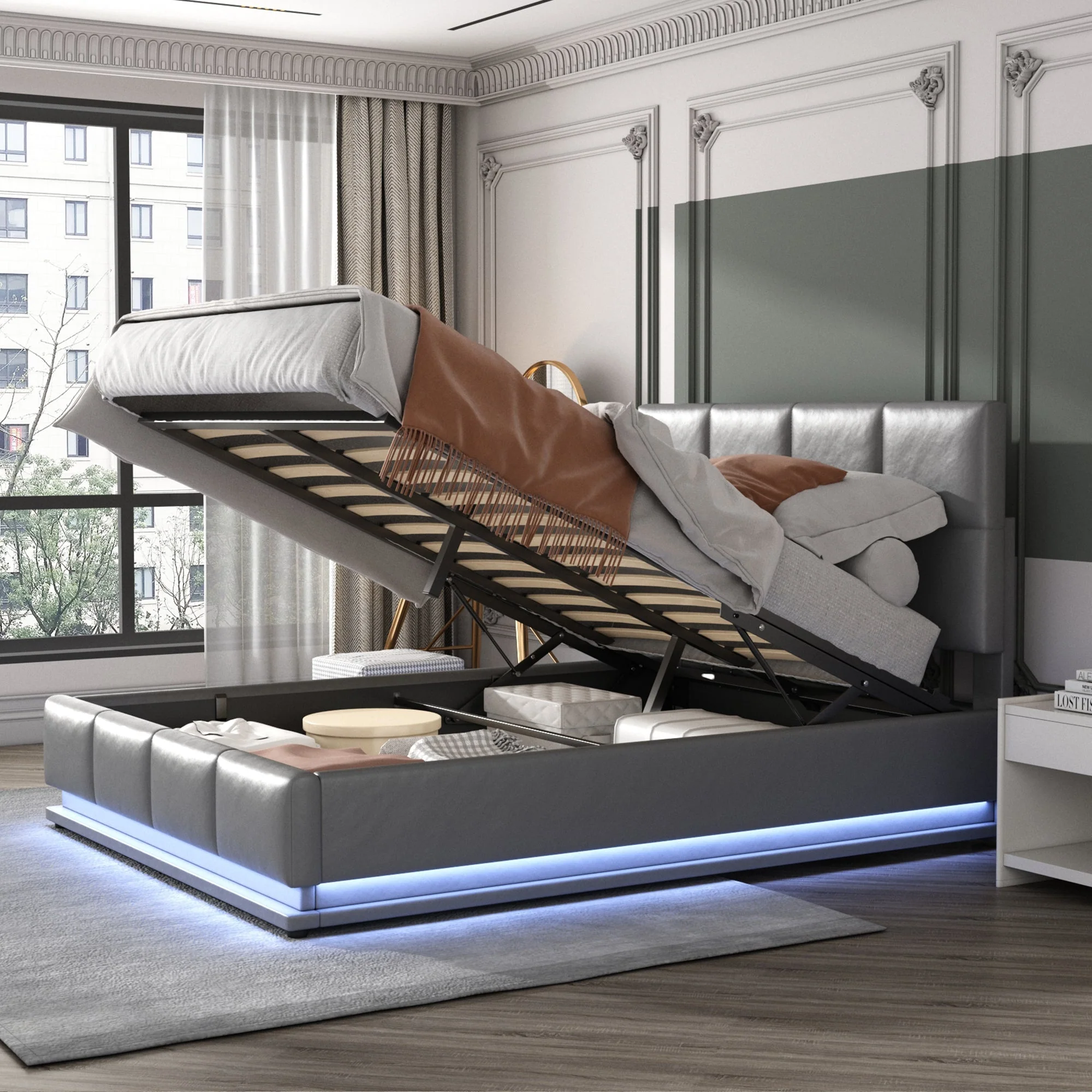 Upholstered Bed, 140x200cm LED Lighting & Liftable Storage, Faux Leather Gray - Image 4