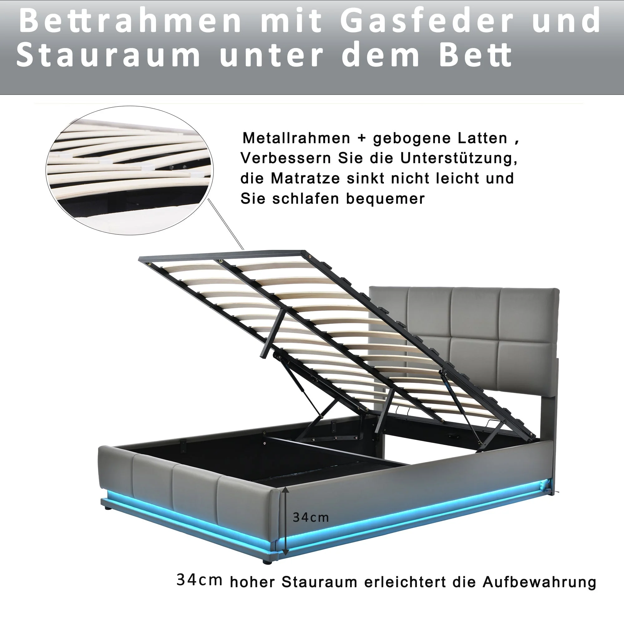 Upholstered Bed, 140x200cm LED Lighting & Liftable Storage, Faux Leather Gray - Image 9