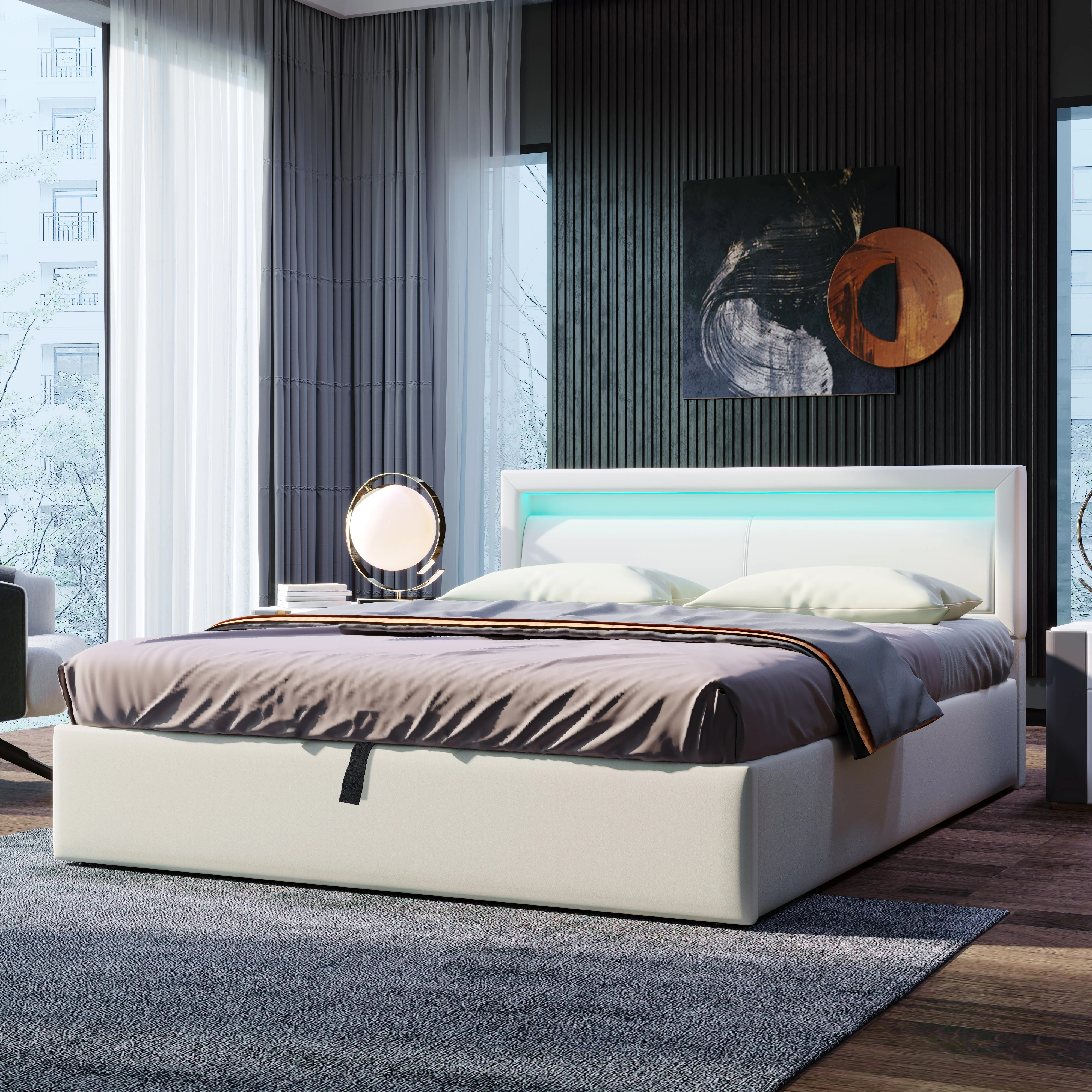 Upholstered Bed 140x200cm LED Storage Slatted Frame - White Faux Leather