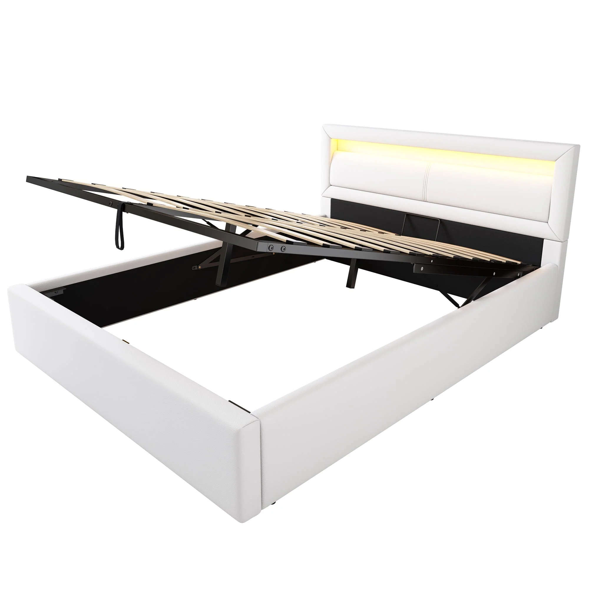 Upholstered Bed 140x200cm LED Storage Slatted Frame - White Faux Leather - Image 10