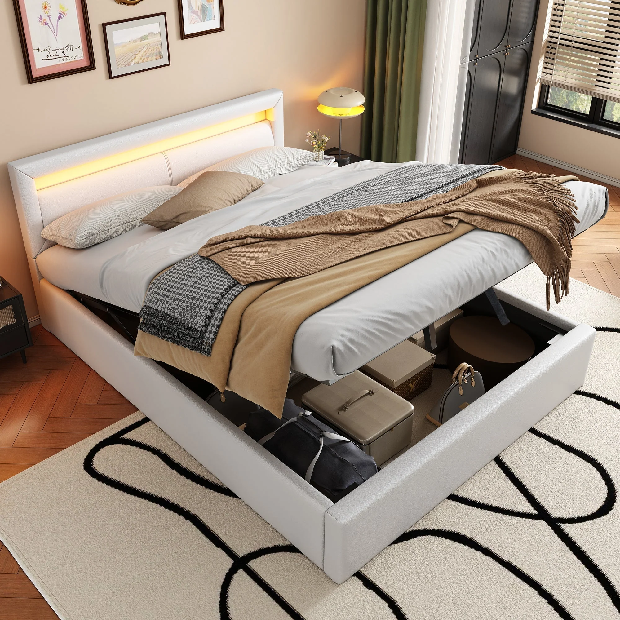 Upholstered Bed 140x200cm LED Storage Slatted Frame - White Faux Leather - Image 3