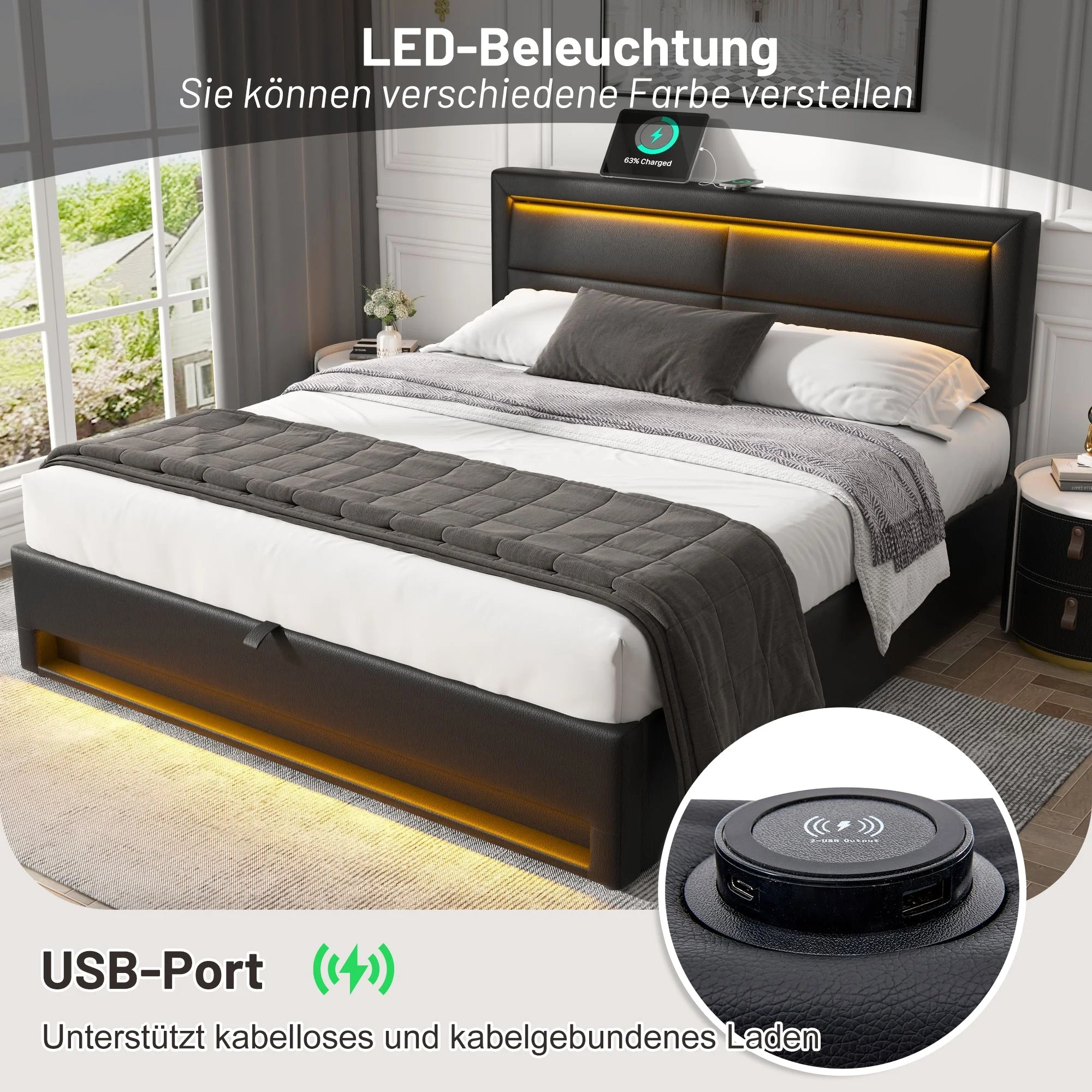 Upholstered Bed 140x200cm LED Storage USB Charging - PU Lychee Black - Image 6