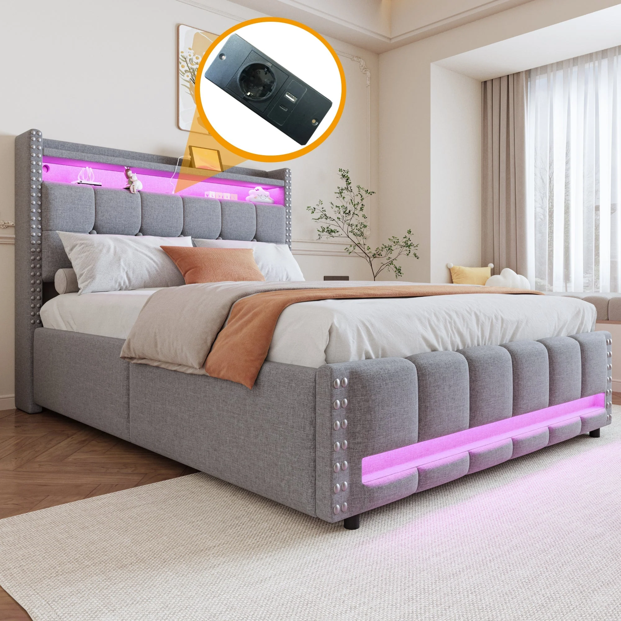 Upholstered Bed 140x200cm, LED & USB, Hydraulic Storage, Light Grey Linen - Image 5