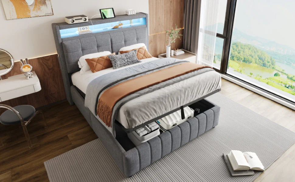 Upholstered Bed 140x200cm, LED & USB, Hydraulic Storage, Linen Fabric Gray - Image 7