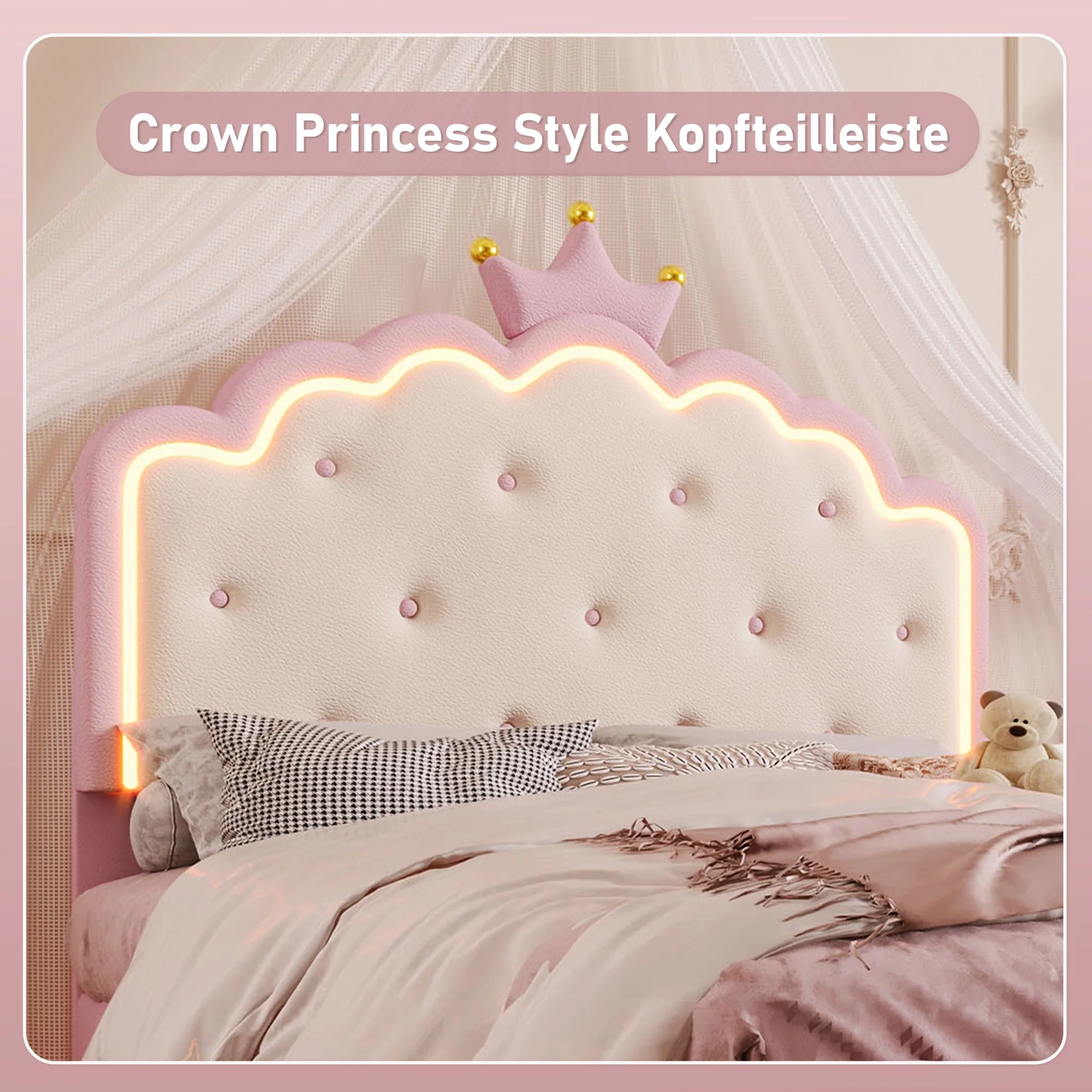 Upholstered Bed 140x200cm Princess Shape Ambient Light PU Pink - Image 3