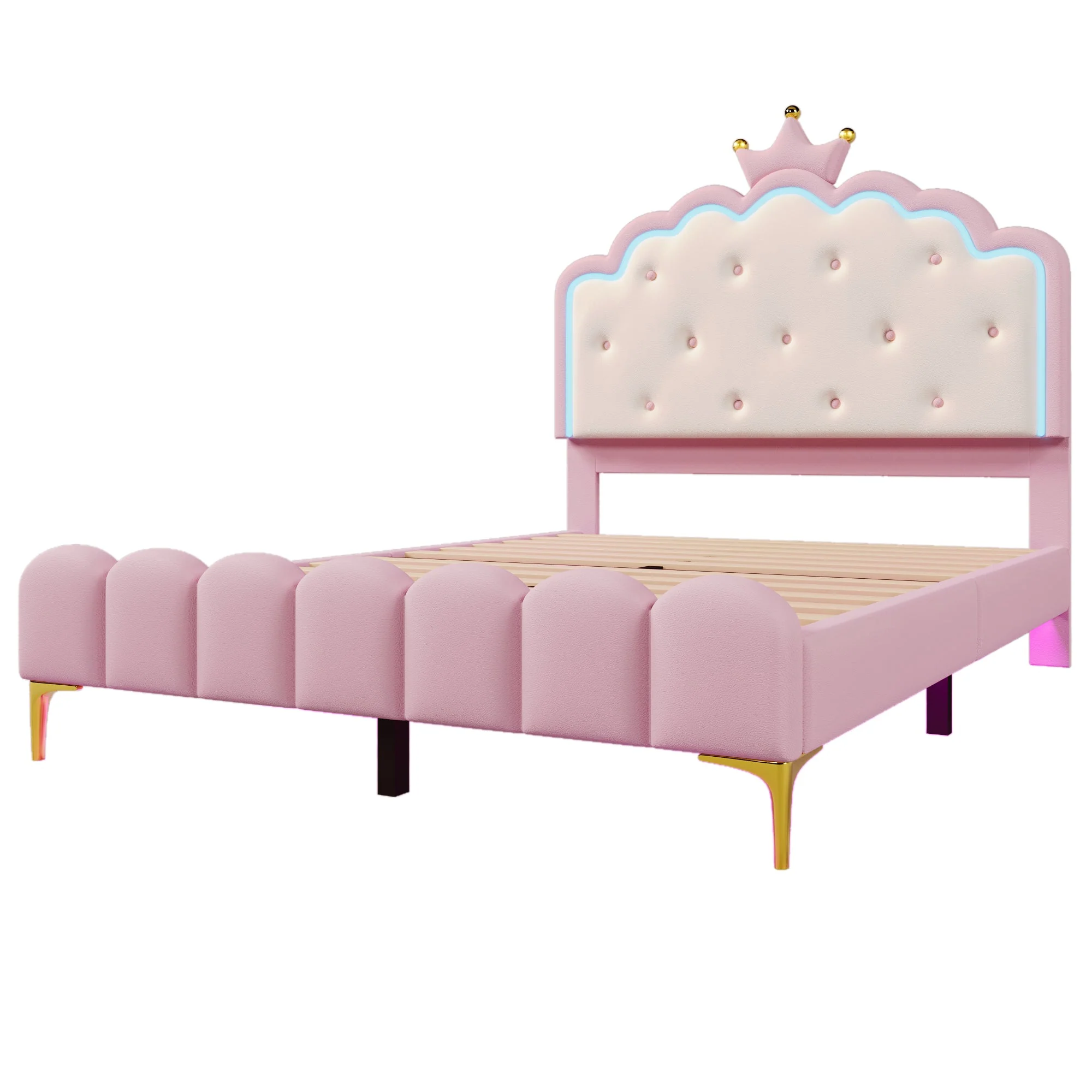 Upholstered Bed 140x200cm Princess Shape Ambient Light PU Pink - Image 9