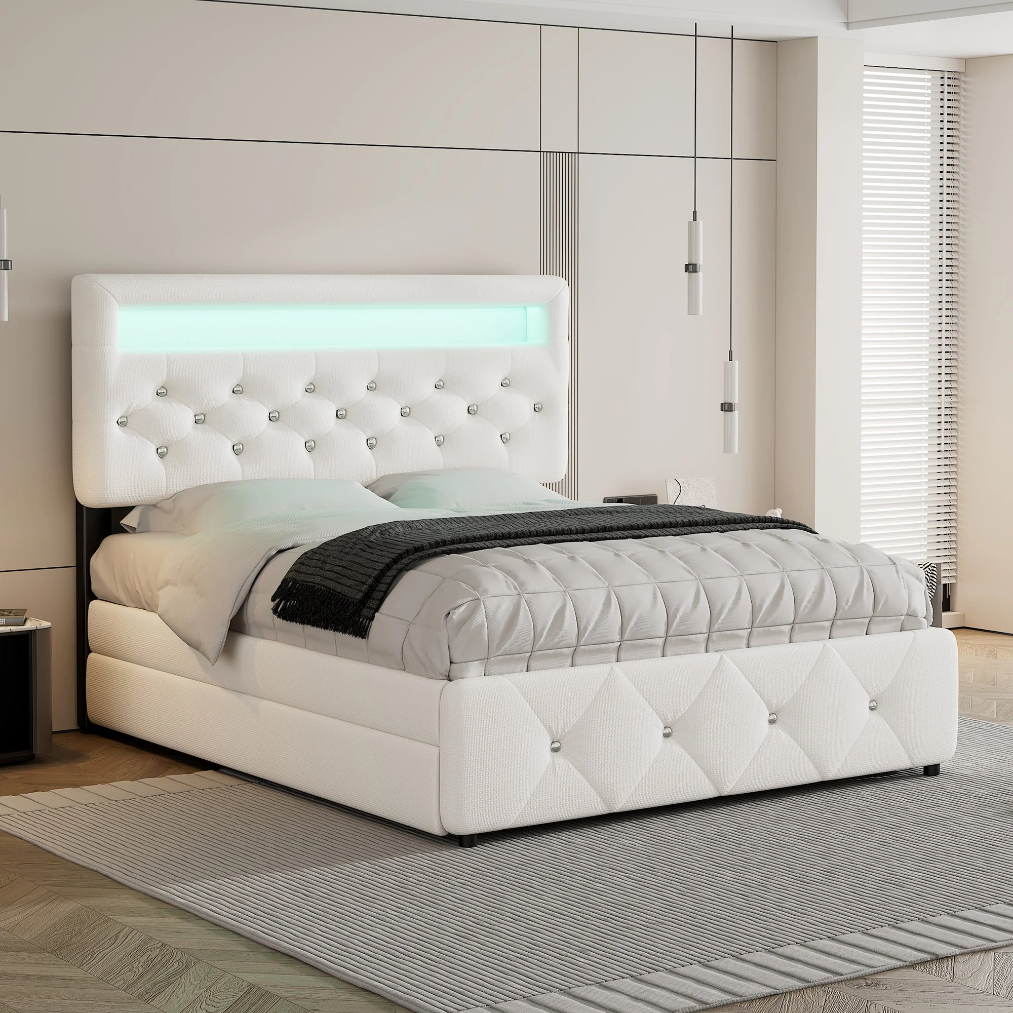 Upholstered Bed 140x200cm Pull-out Bed 2 Drawers Bedside Light Strip - White - Image 3