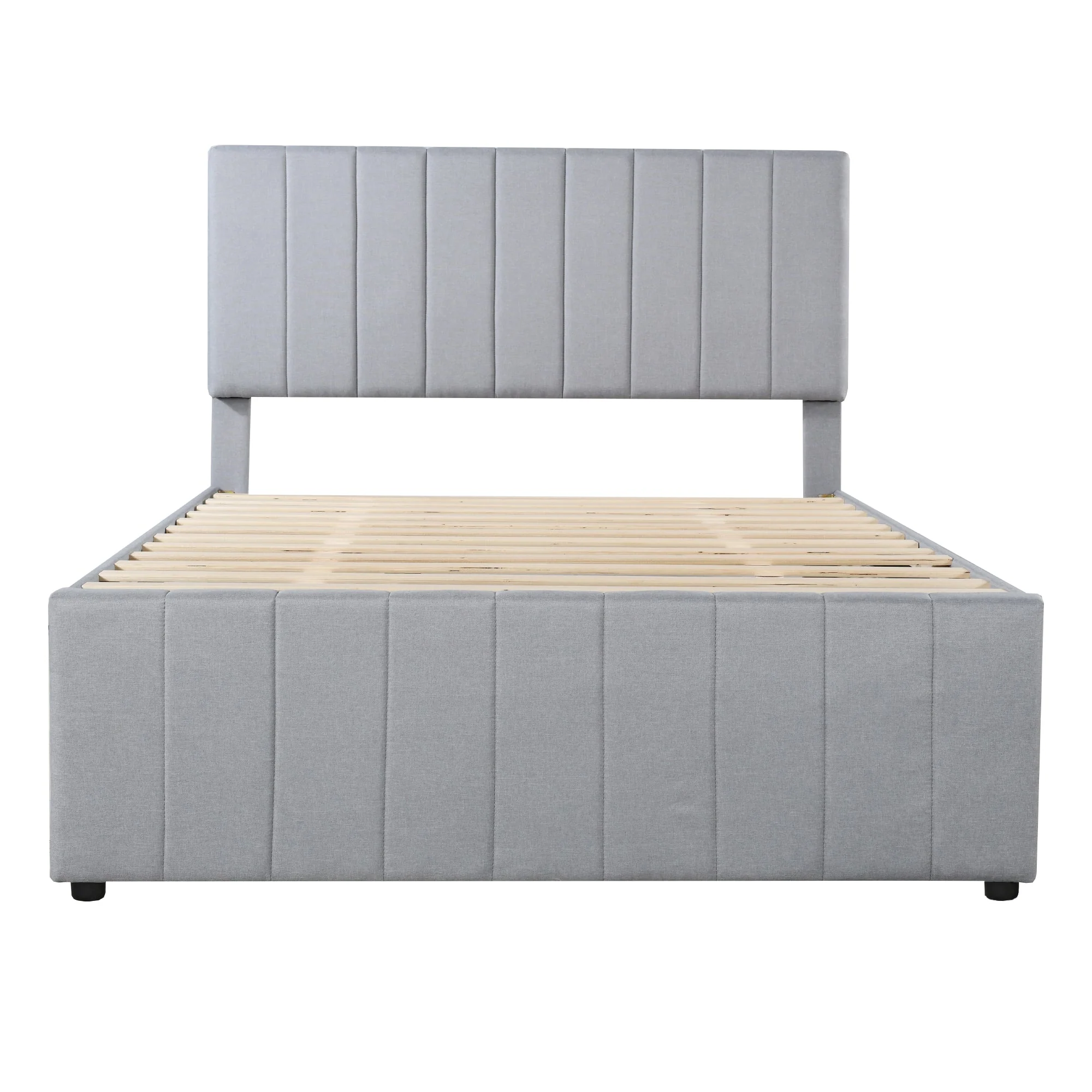 Upholstered Bed, 140x200cm, Pull-Out & Drawers, Linen Upholstery, Grey - Image 10