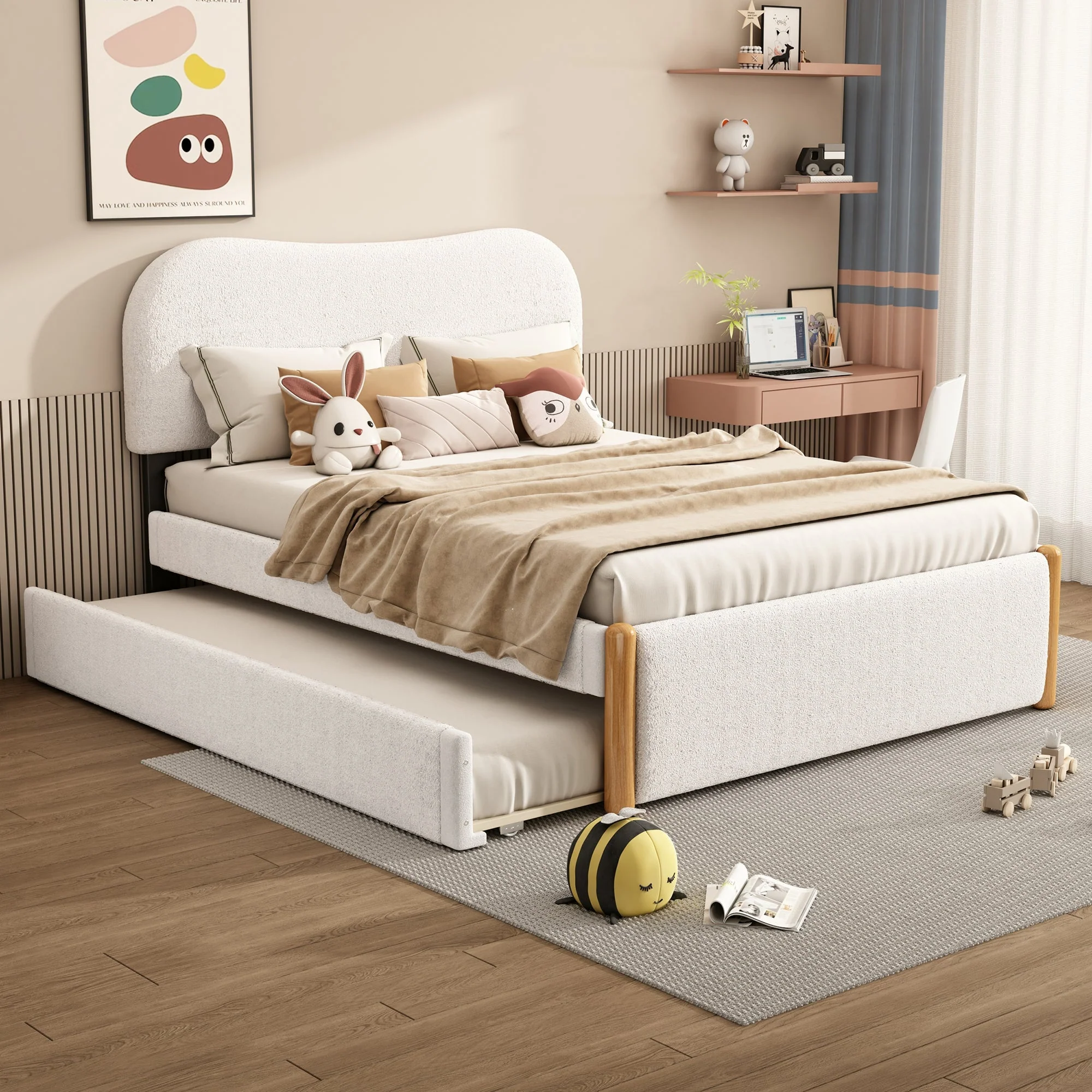 Upholstered Bed 140x200cm Pull-out Rollaway Bed - White - Image 2