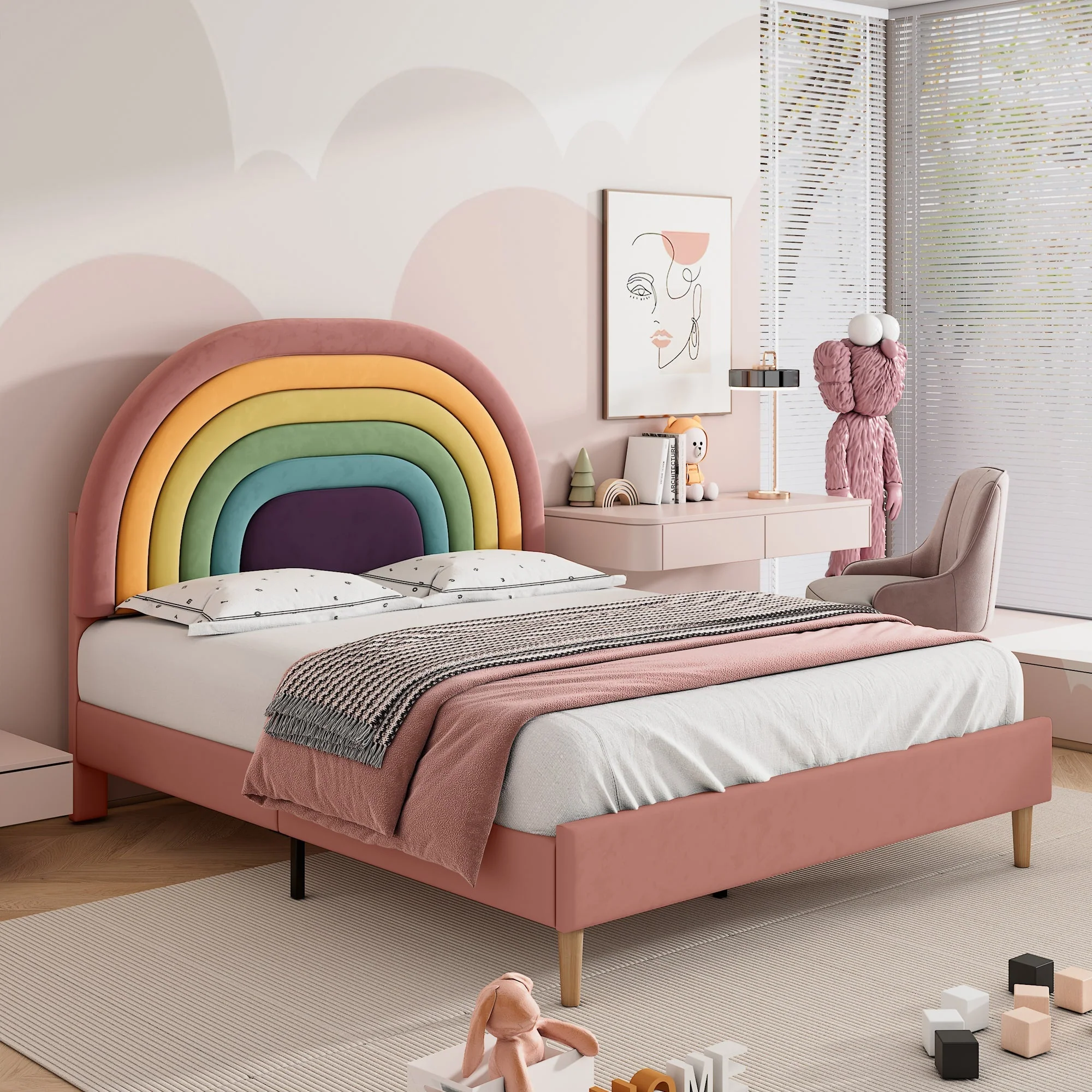 Upholstered Bed 140x200cm Slatted Base Adjustable Headboard - Velvet Pink - Image 3