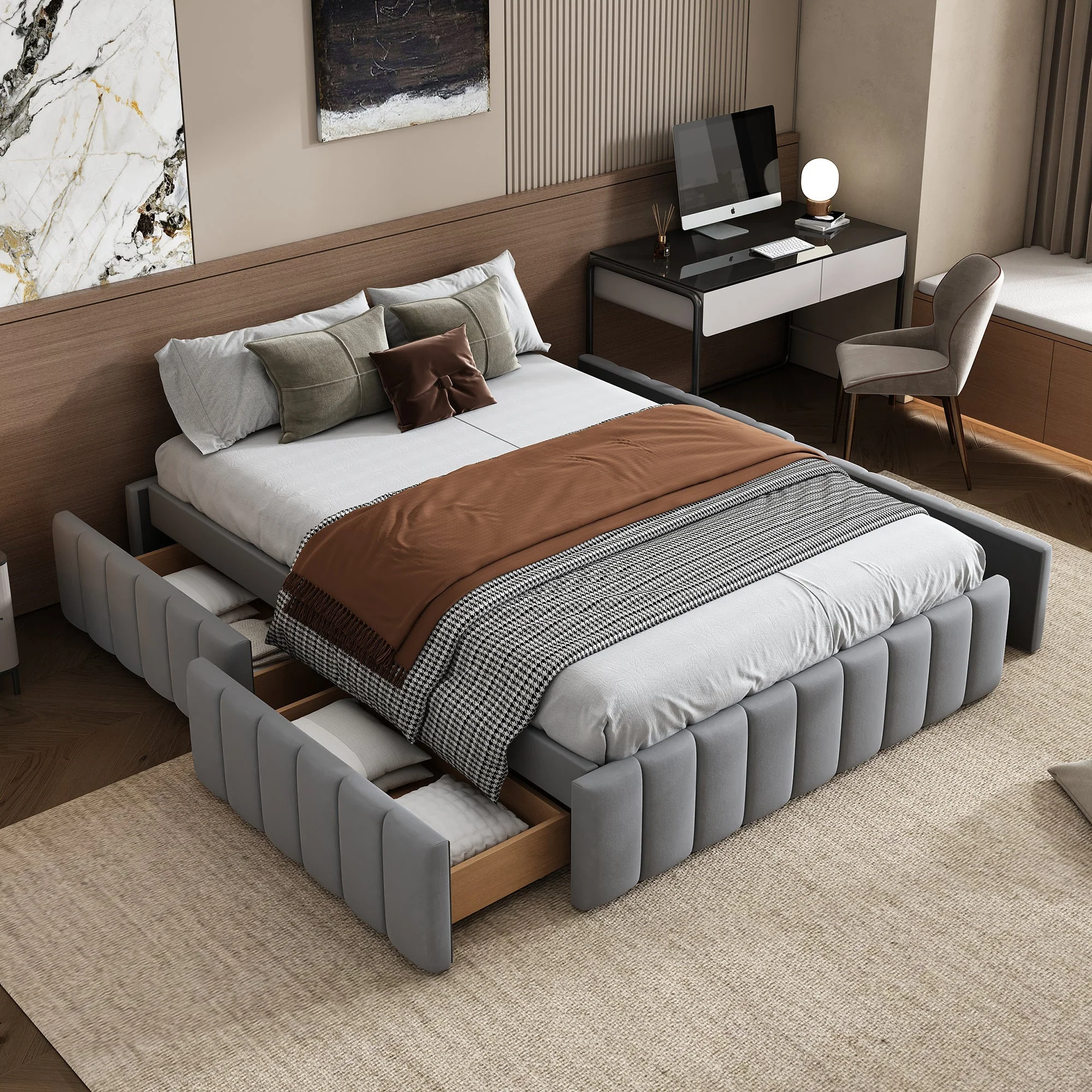 Upholstered Bed 140x200cm Slatted Base No Headboard - Grey - Image 2