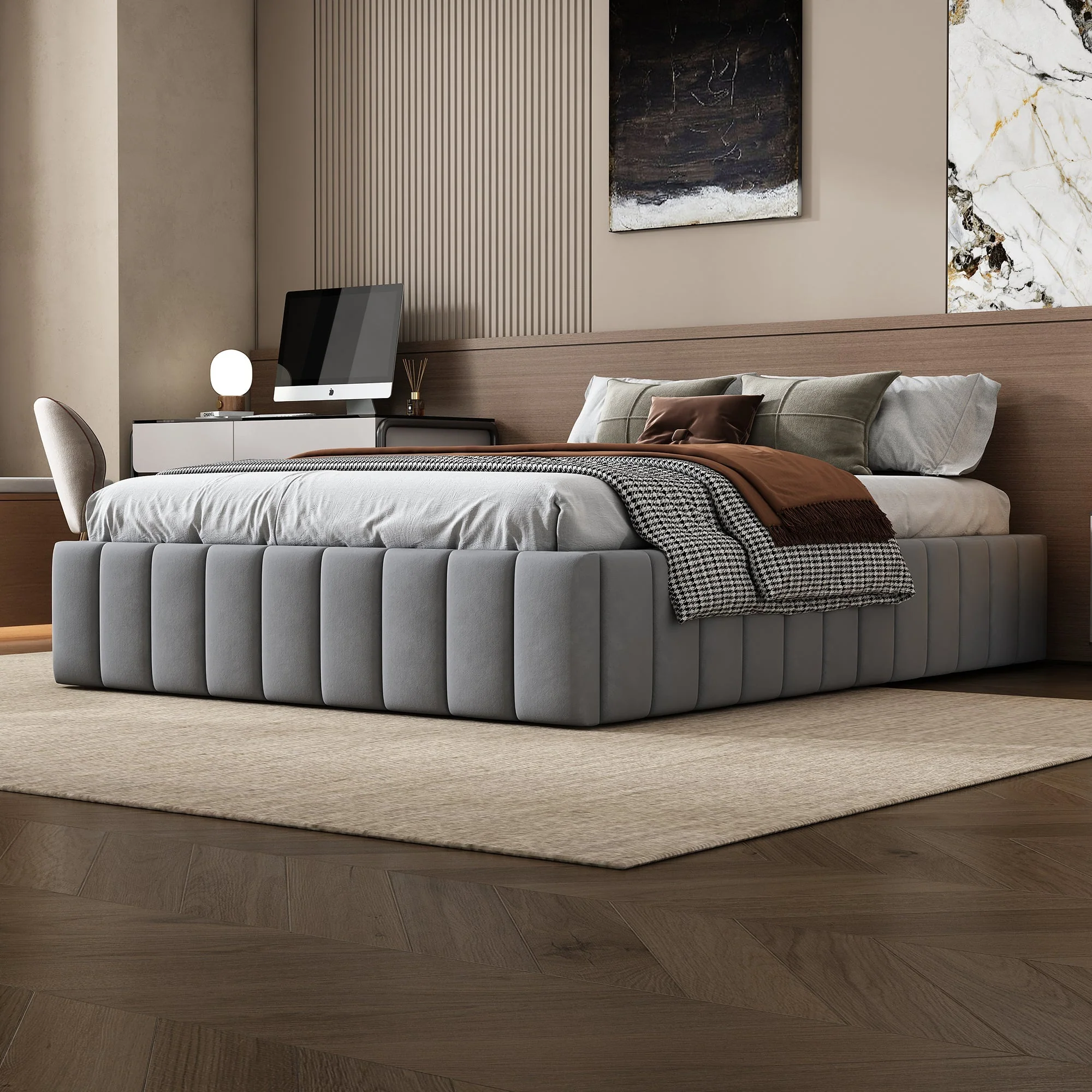 Upholstered Bed 140x200cm Slatted Base No Headboard - Grey - Image 3