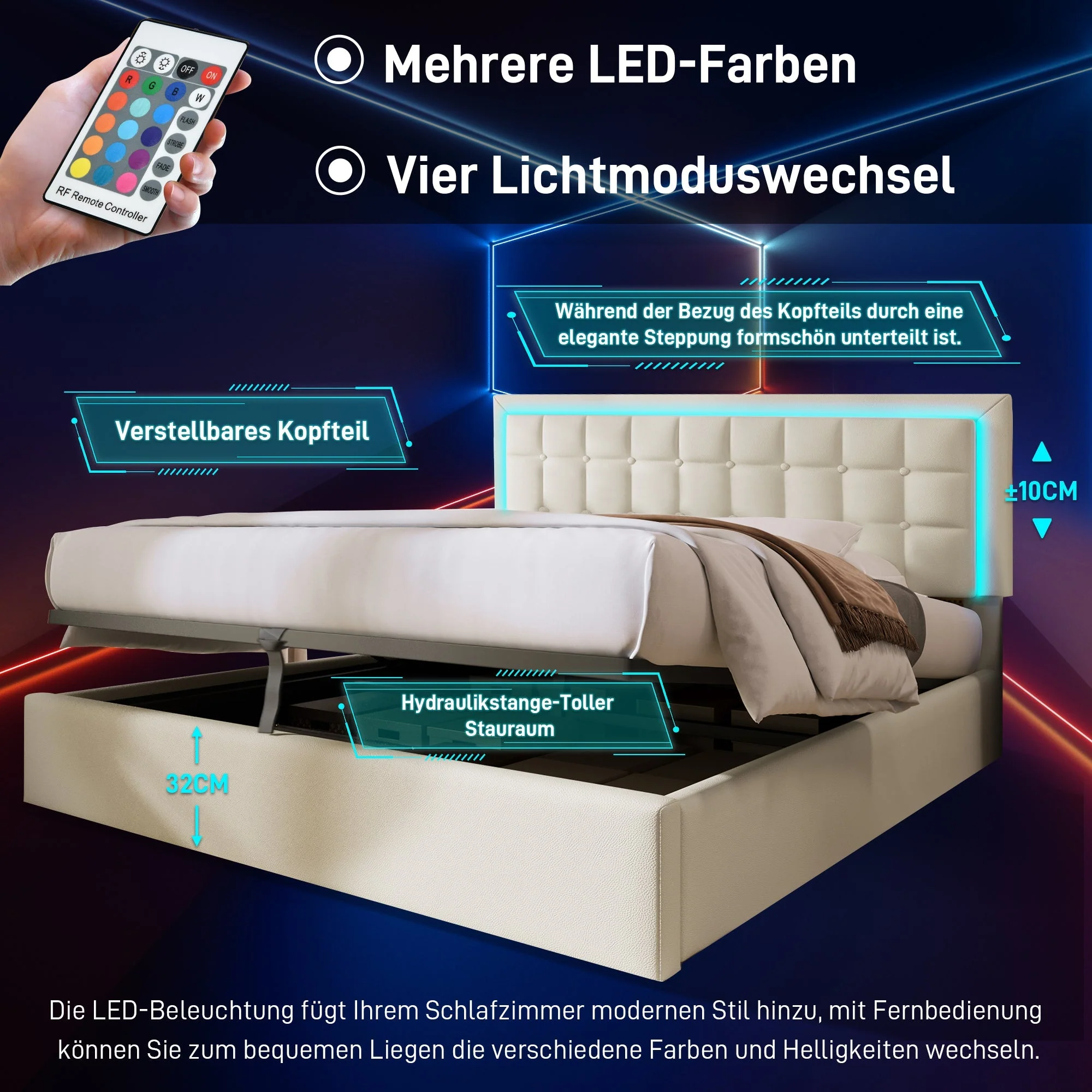Upholstered Bed, 140x200cm, Slatted Frame, Storage, LED, White Faux Leather - Image 6