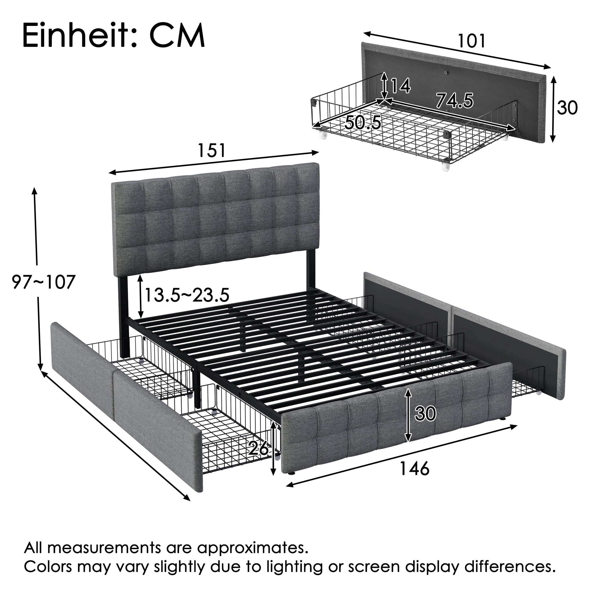 Upholstered Bed 140x200cm Storage, 4 Drawers, Adjustable Headboard, Linen Grey - Image 2