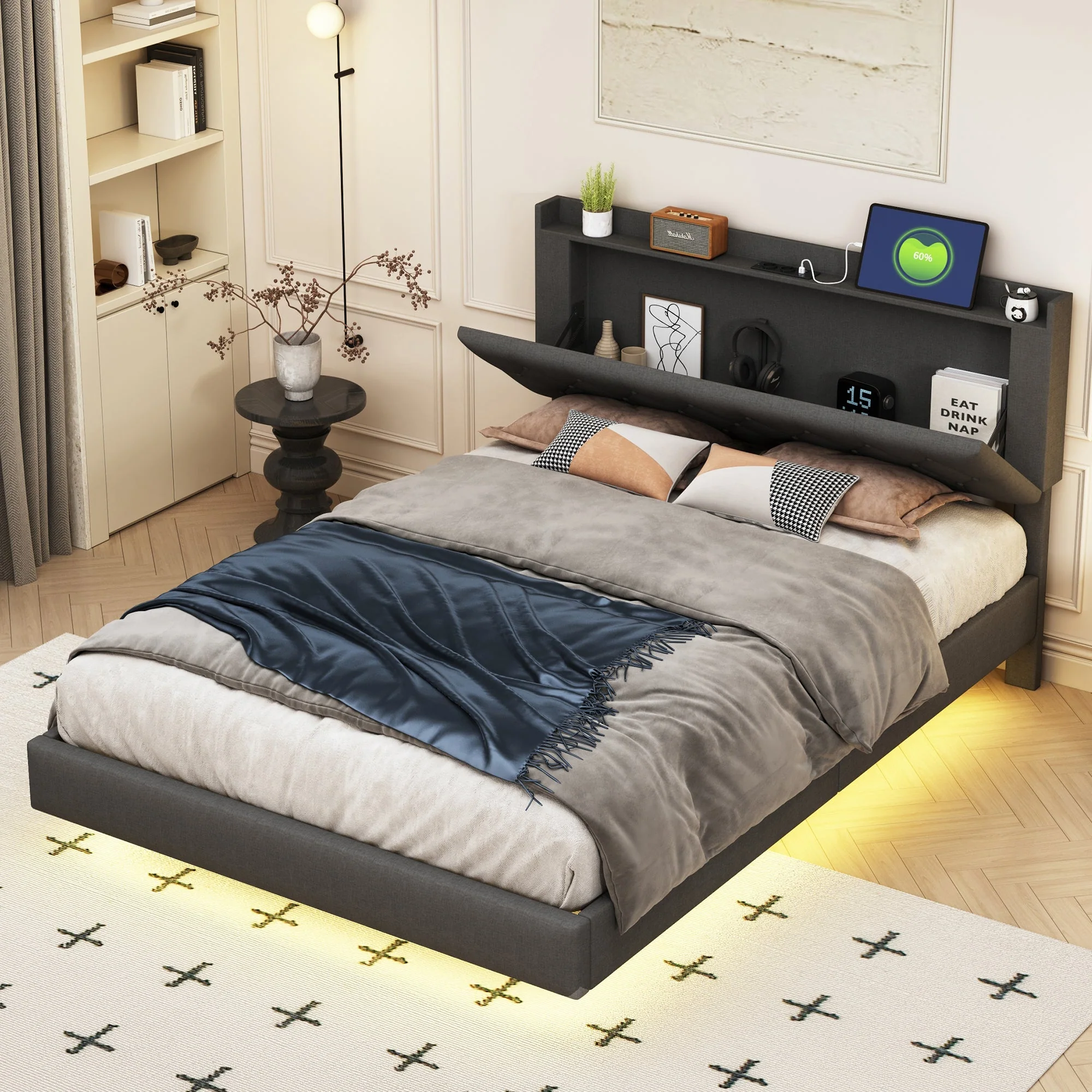 Upholstered Bed, 140x200cm USB Charging LED Double with Slatted Frame, Gray Linen - Image 2