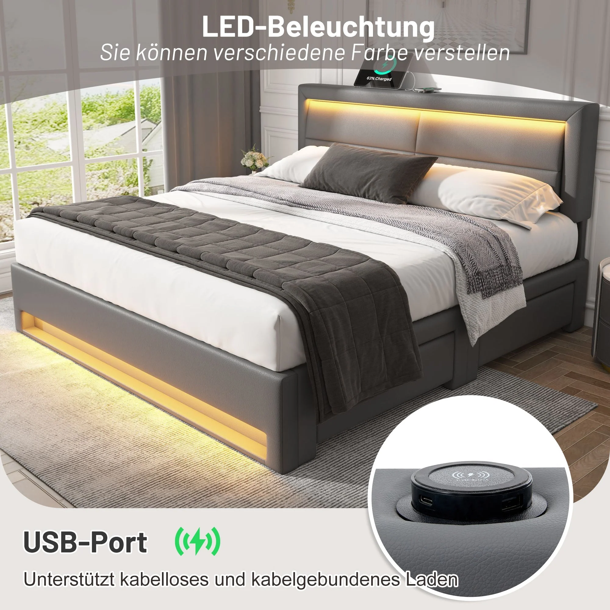 Upholstered Bed 140x200cm USB LED Light 4 Drawers - Grey - Image 5