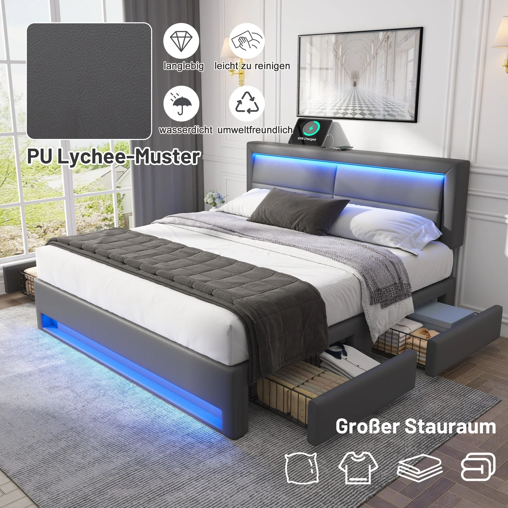 Upholstered Bed 140x200cm USB LED Light 4 Drawers - Grey - Image 6