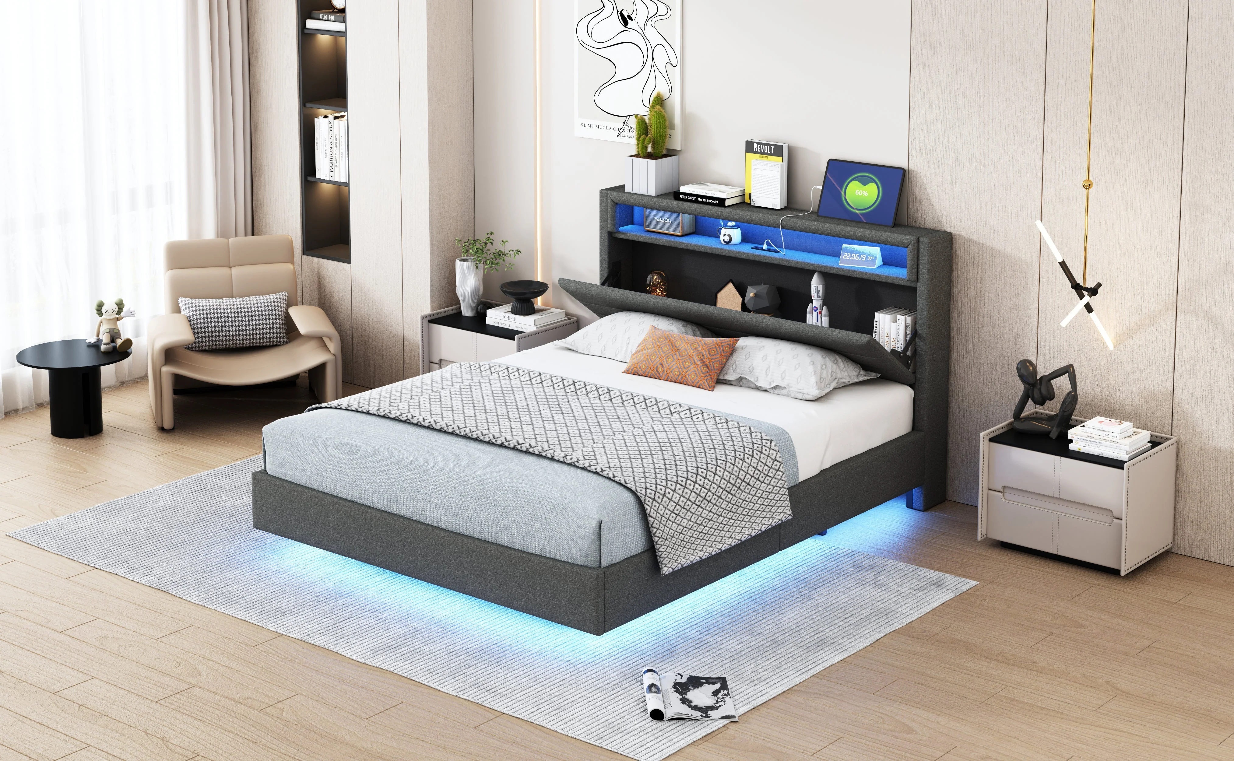 Upholstered Bed 140x200cm, USB & LED, Reversible Headboard, Linen Fabric Grey - Image 7