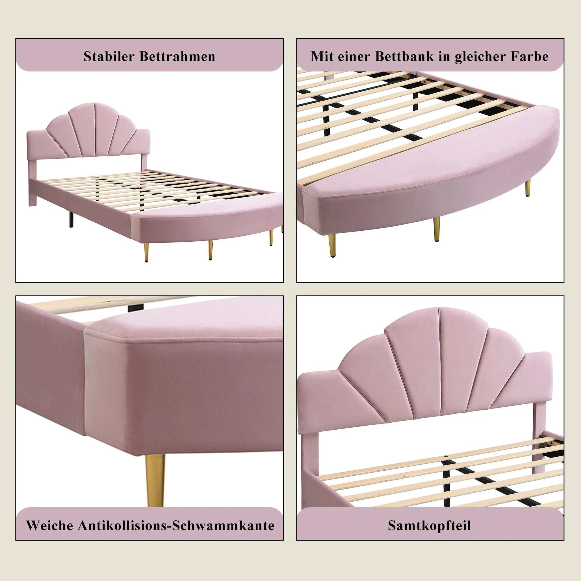 Upholstered Bed 140x200cm Velvet Headboard Matching Bench - Pink Velvet - Image 6