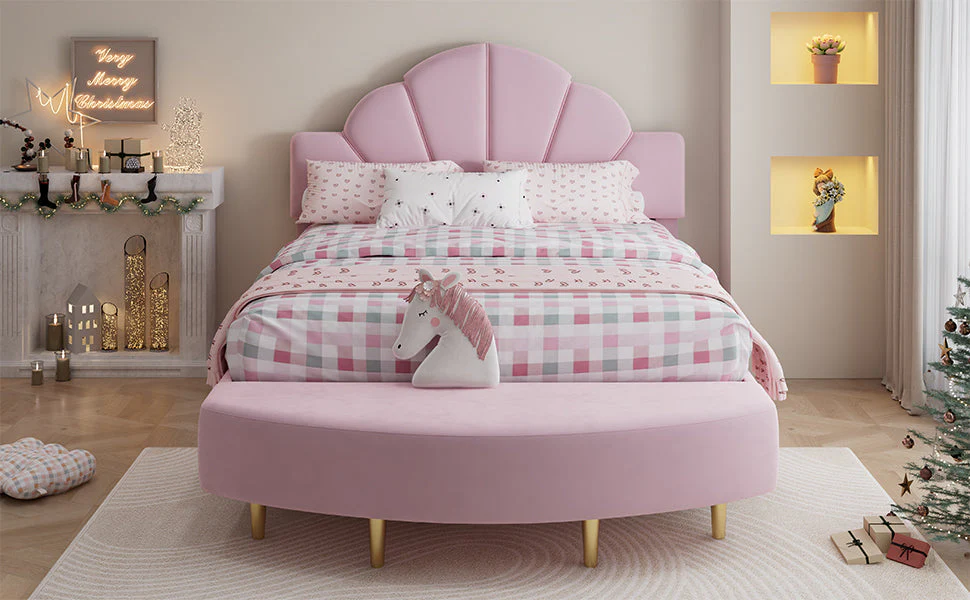 Upholstered Bed 140x200cm Velvet Headboard Matching Bench - Pink Velvet - Image 9