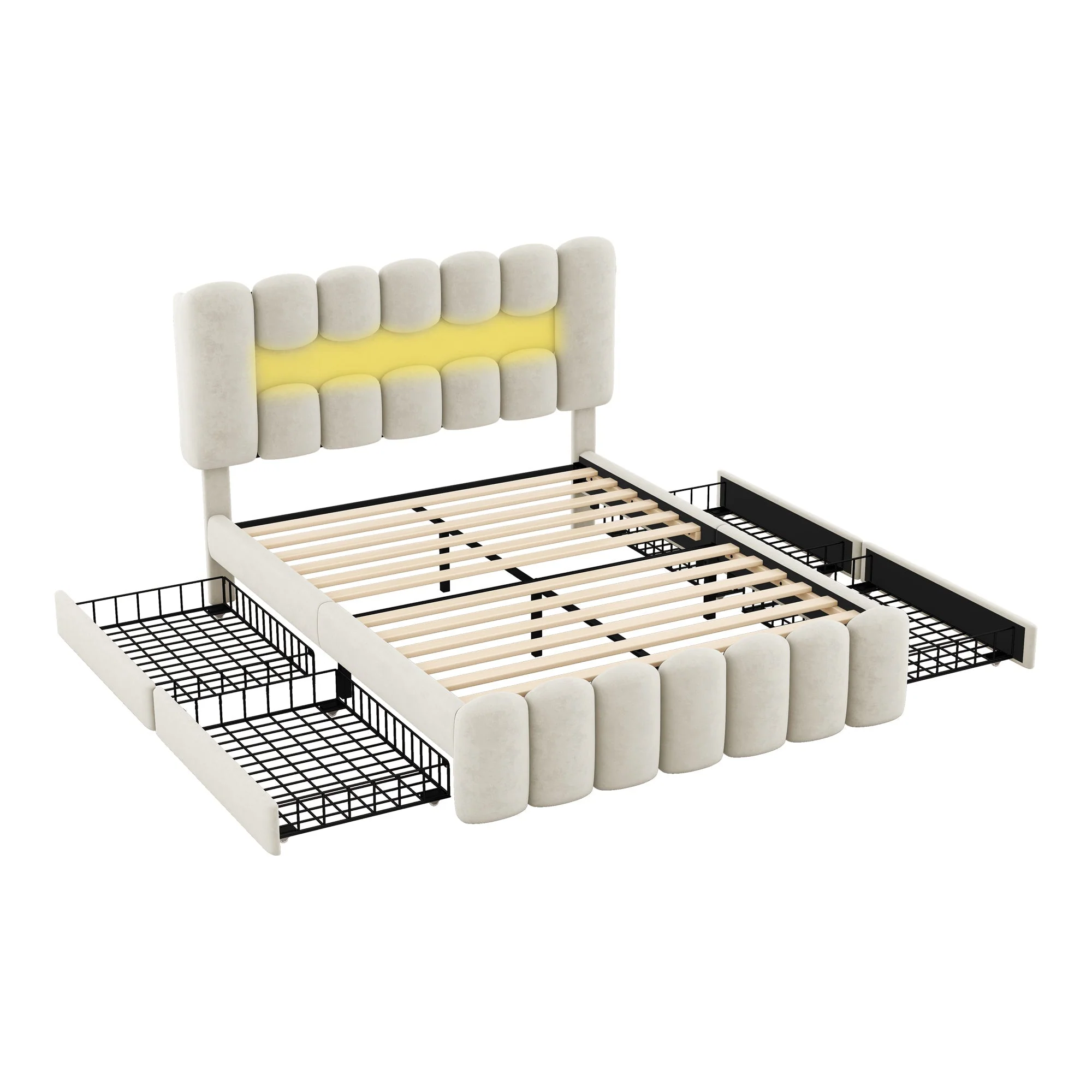 Upholstered Bed 140x200cm with 4 Drawers LED Light USB Stereo System Beige - Image 10