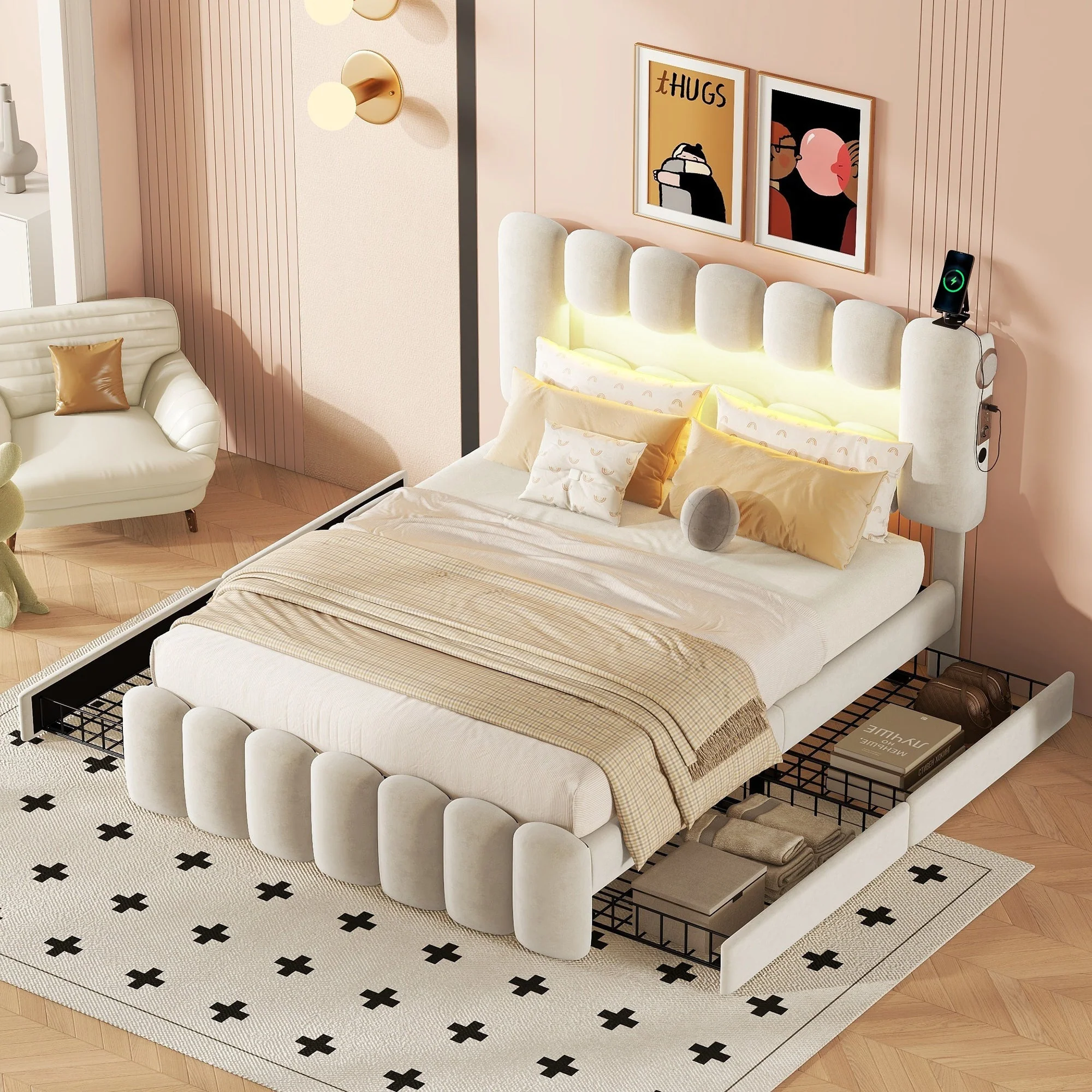 Upholstered Bed 140x200cm with 4 Drawers LED Light USB Stereo System Beige - Image 2