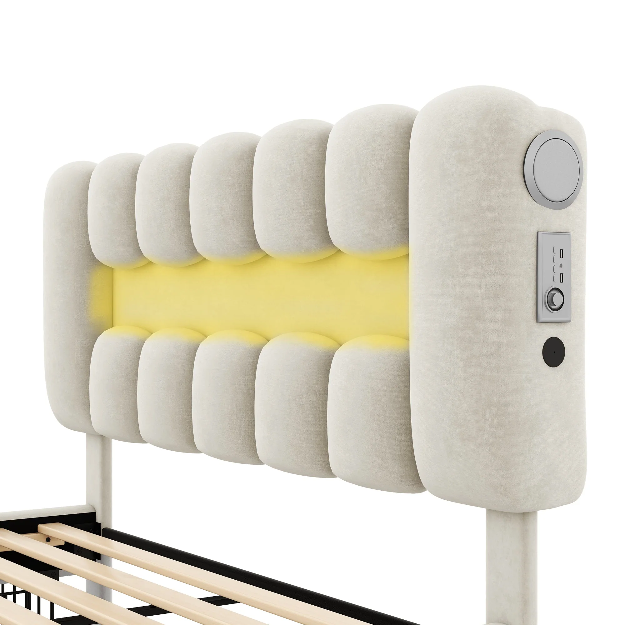 Upholstered Bed 140x200cm with 4 Drawers LED Light USB Stereo System Beige - Image 7