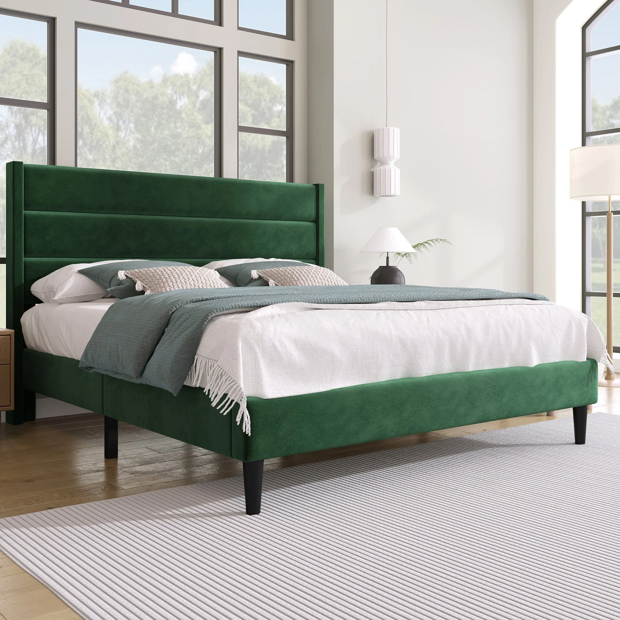 Upholstered Bed 140x200cm with Headboard, Dark Green Velvet - Image 4