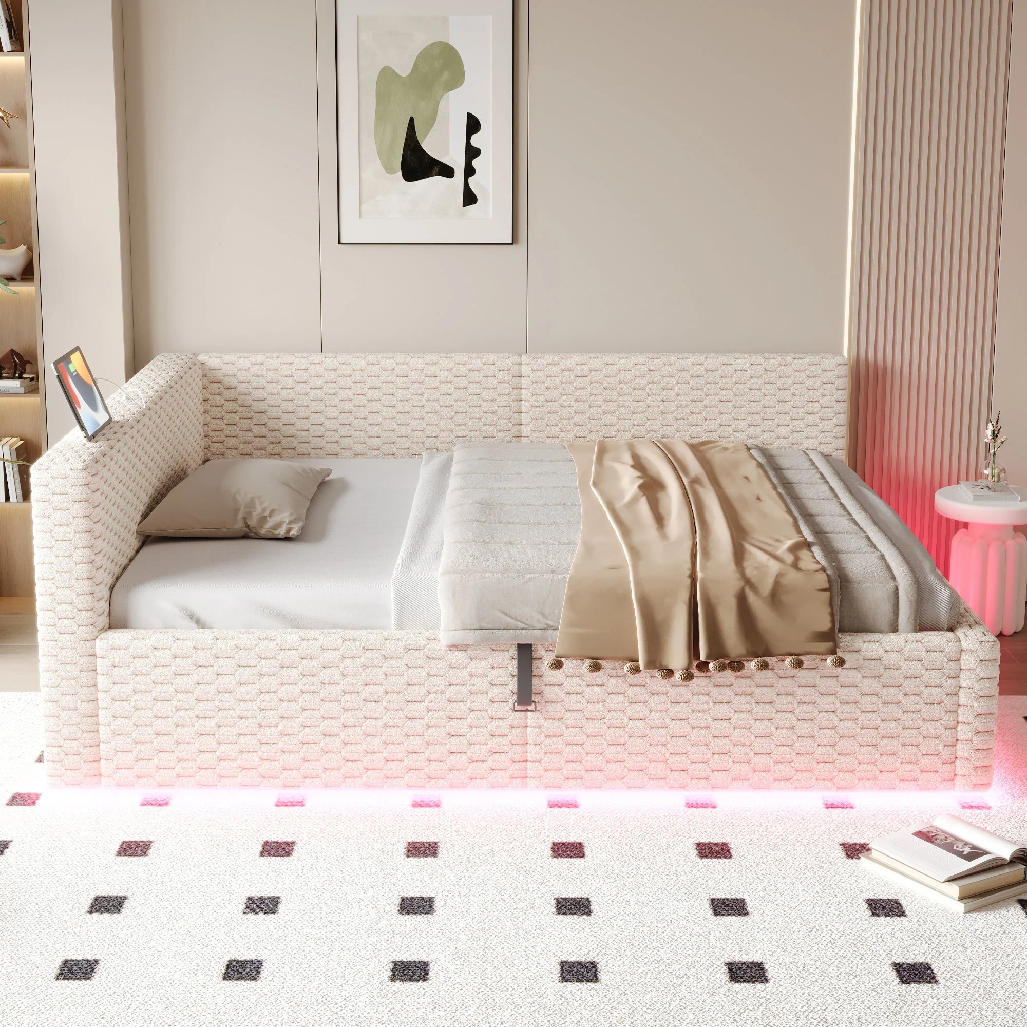 Upholstered Bed 140x200cm with LED, USB, L-Shaped Backrest and Hydraulic Frame, Beige Velvet - Image 4
