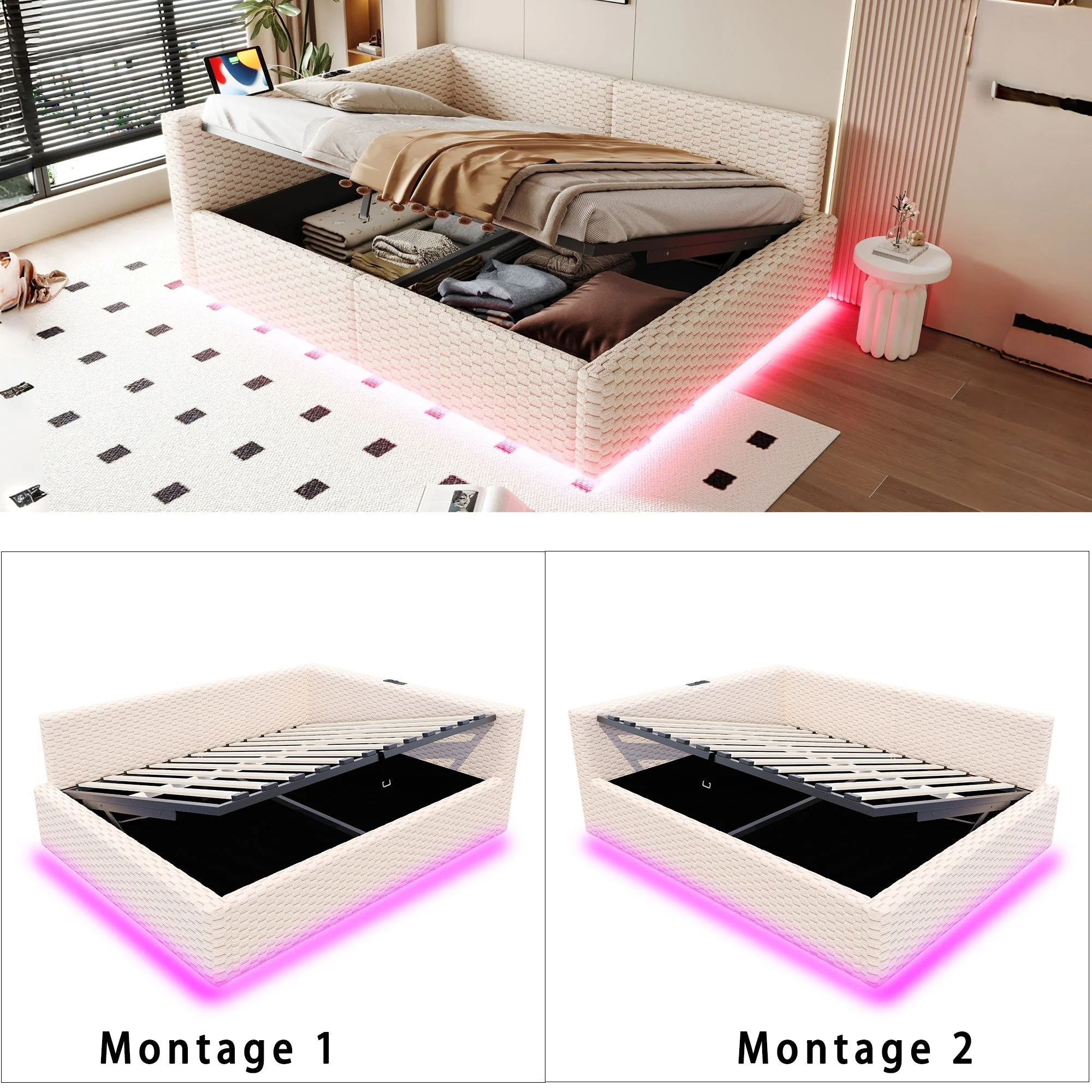 Upholstered Bed 140x200cm with LED, USB, L-Shaped Backrest and Hydraulic Frame, Beige Velvet - Image 7