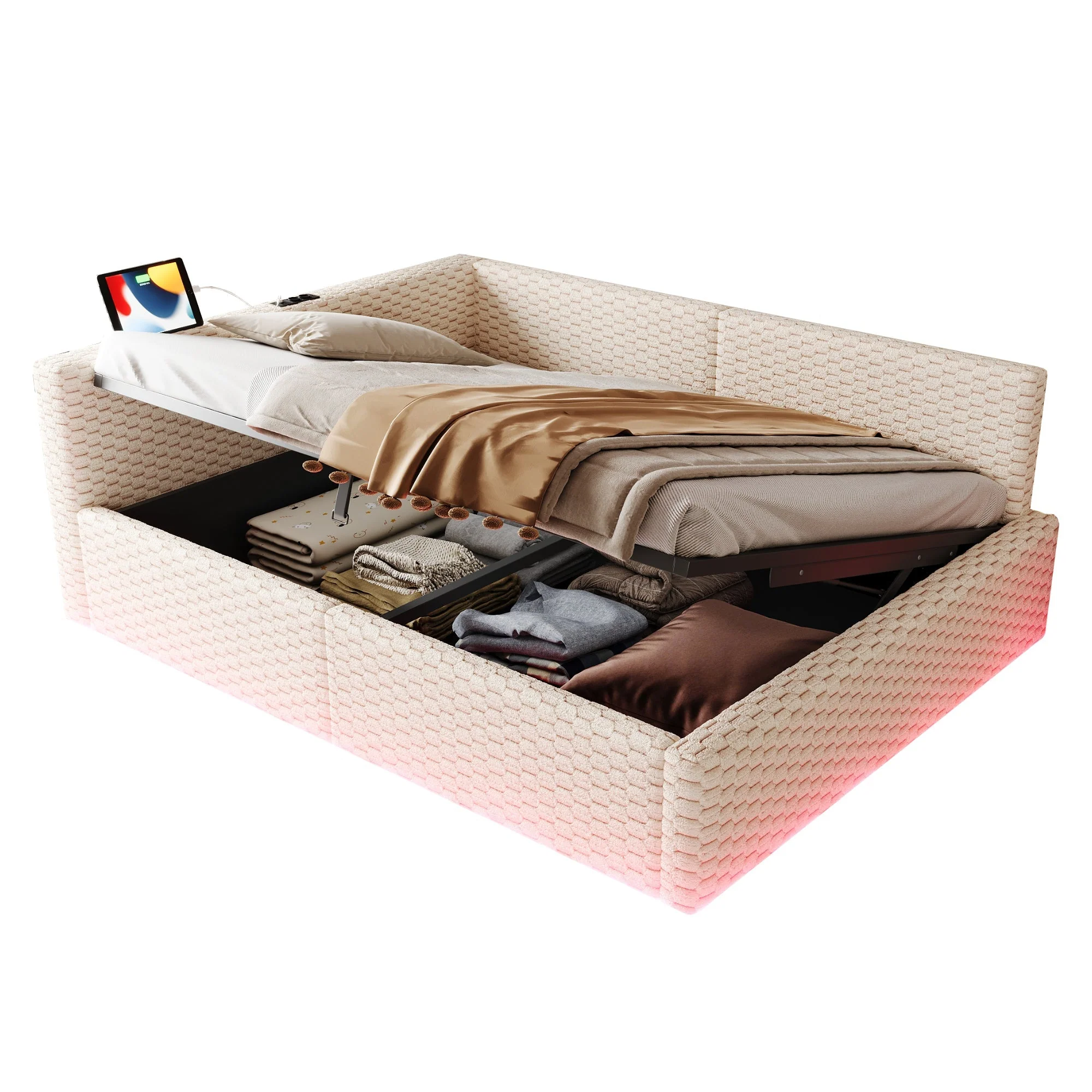 Upholstered Bed 140x200cm with LED, USB, L-Shaped Backrest and Hydraulic Frame, Beige Velvet - Image 9