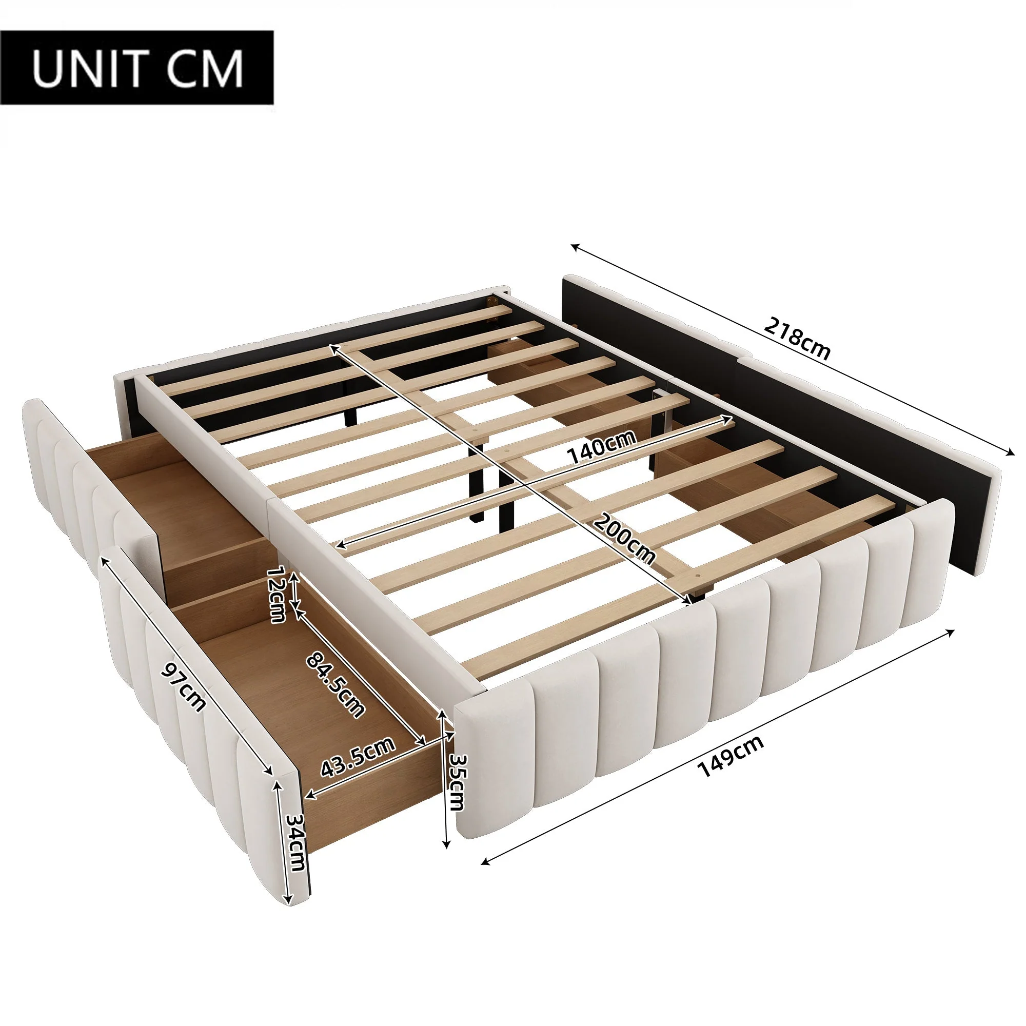 Upholstered Bed 140x200cm with Slatted Base and 4 Storage Drawers, Beige Velvet - Image 7