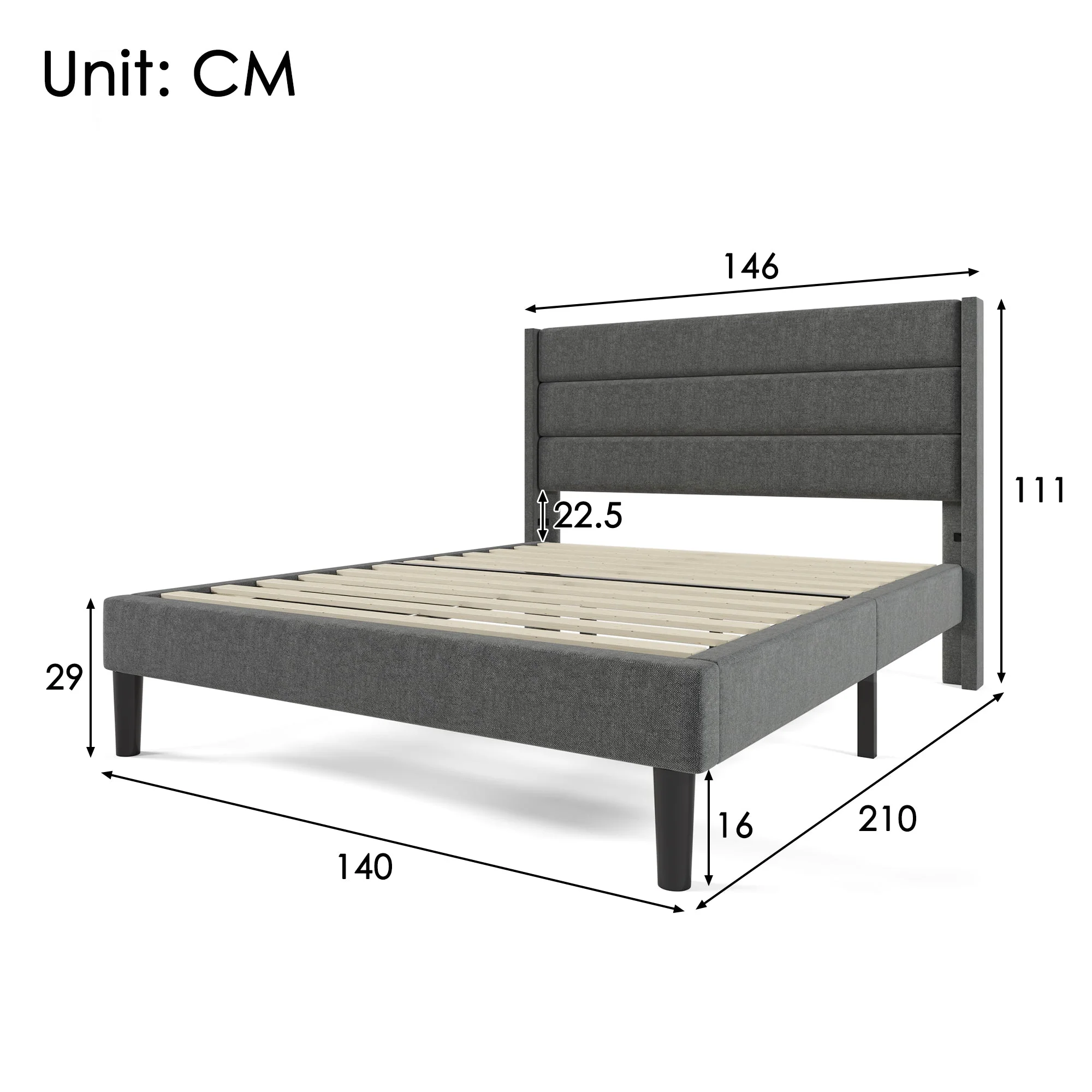 Upholstered Bed 140x200cm, with Slatted Frame & Headboard, Double Bed, Linen Dark Grey - Image 2