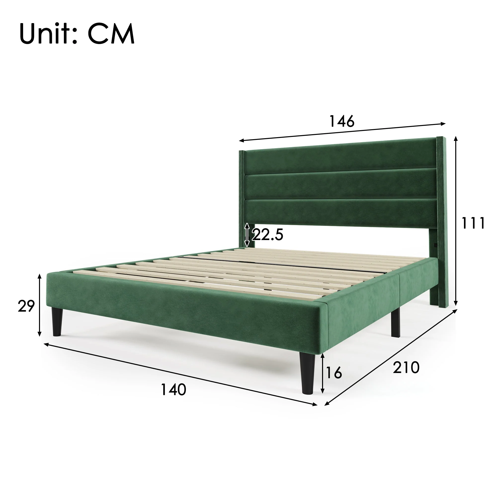 Upholstered Bed 140x200cm with Slatted Frame & Headboard, Velvet Dark Green - Image 2