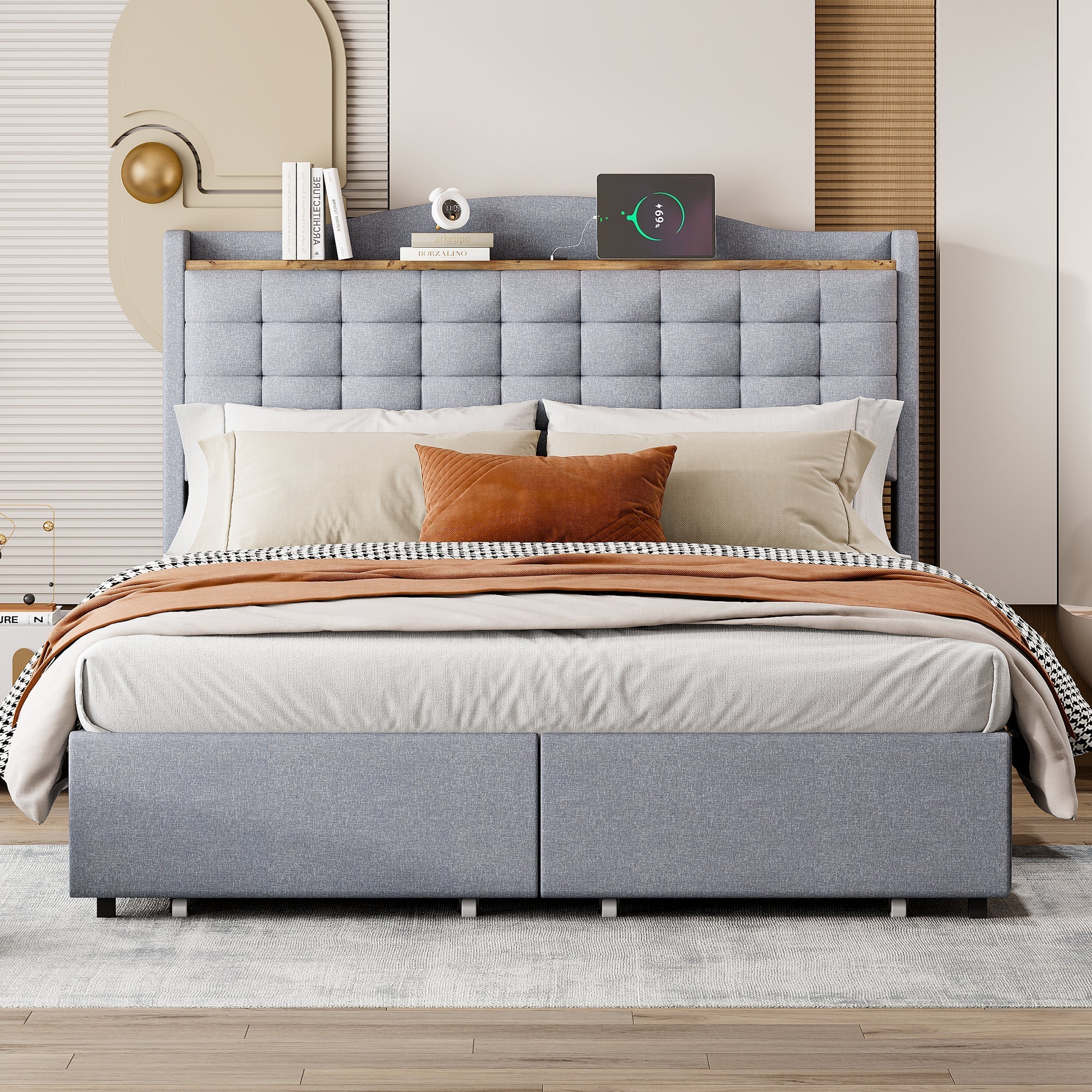 Upholstered Bed 140x200cm with USB & Storage, 4-Drawer, Linen Fabric Gray - Image 2