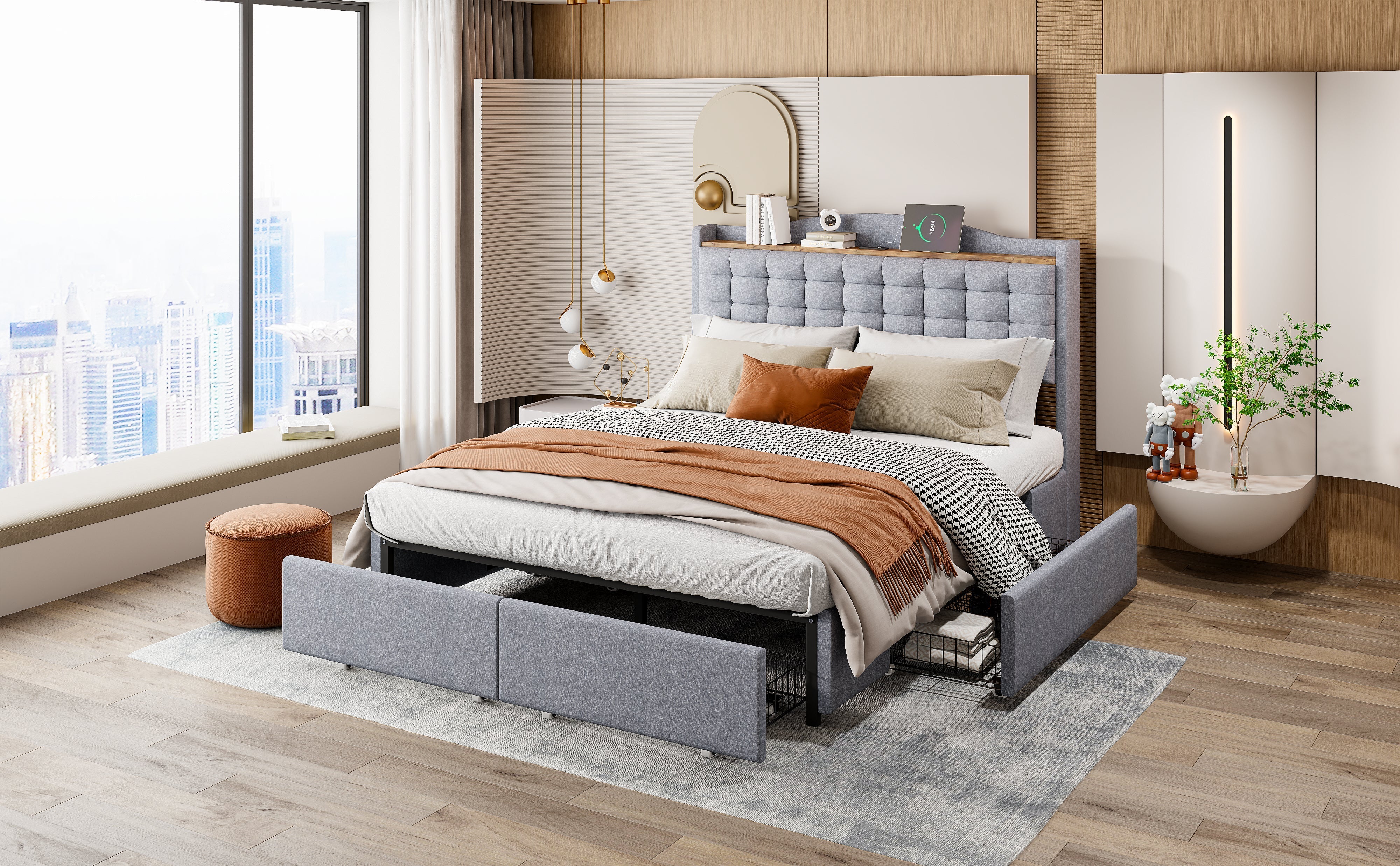 Upholstered Bed 140x200cm with USB & Storage, 4-Drawer, Linen Fabric Gray - Image 4