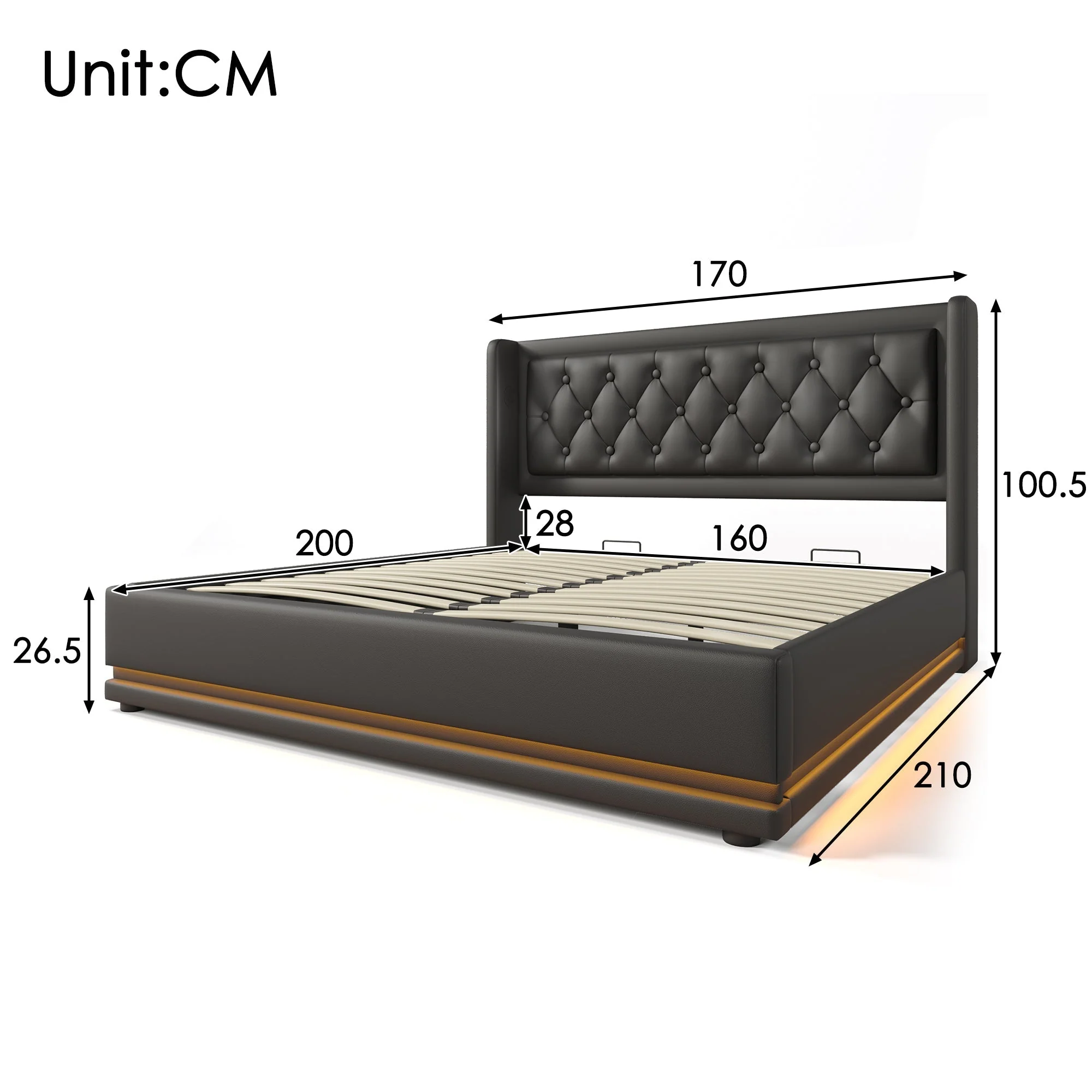 Upholstered Bed, 160*200 cm Hydraulic Storage with LED & USB, Black PU Leather - Image 3