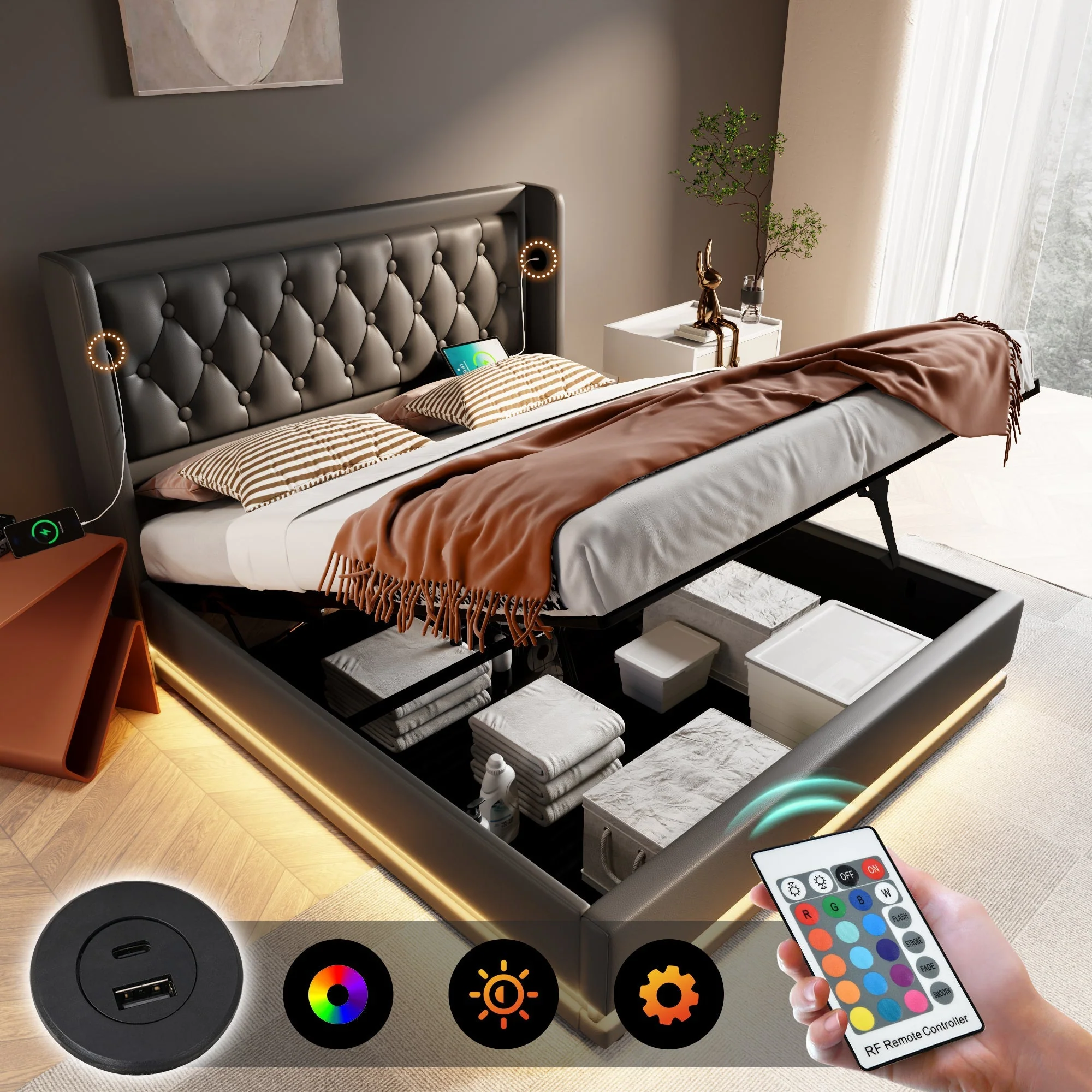 Upholstered Bed, 160*200 cm Hydraulic Storage with LED & USB, Black PU Leather - Image 4