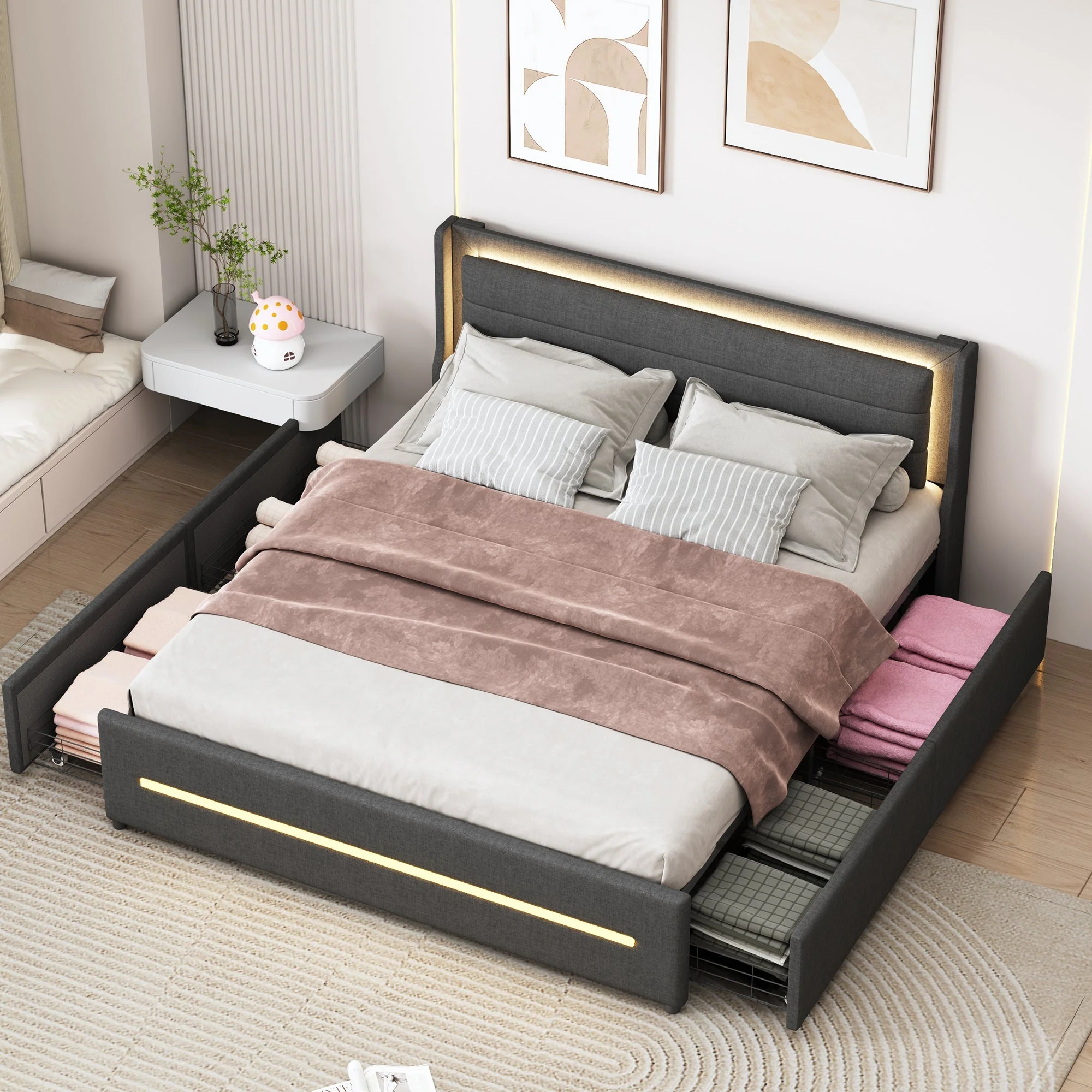 Upholstered Bed 160*200, LED Lighting, 4 Storage, Linen, Gray - Image 3
