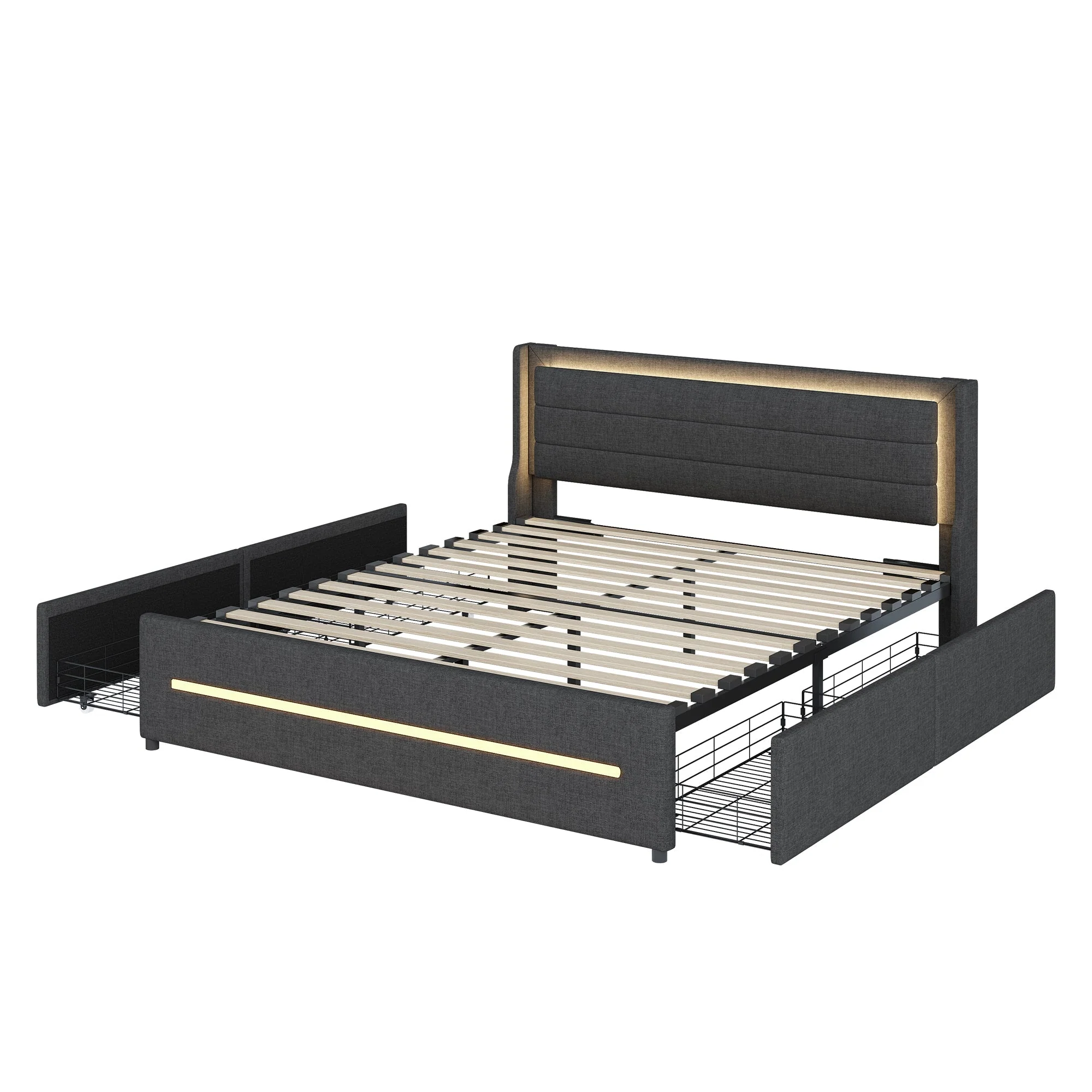 Upholstered Bed 160*200, LED Lighting, 4 Storage, Linen, Gray - Image 4