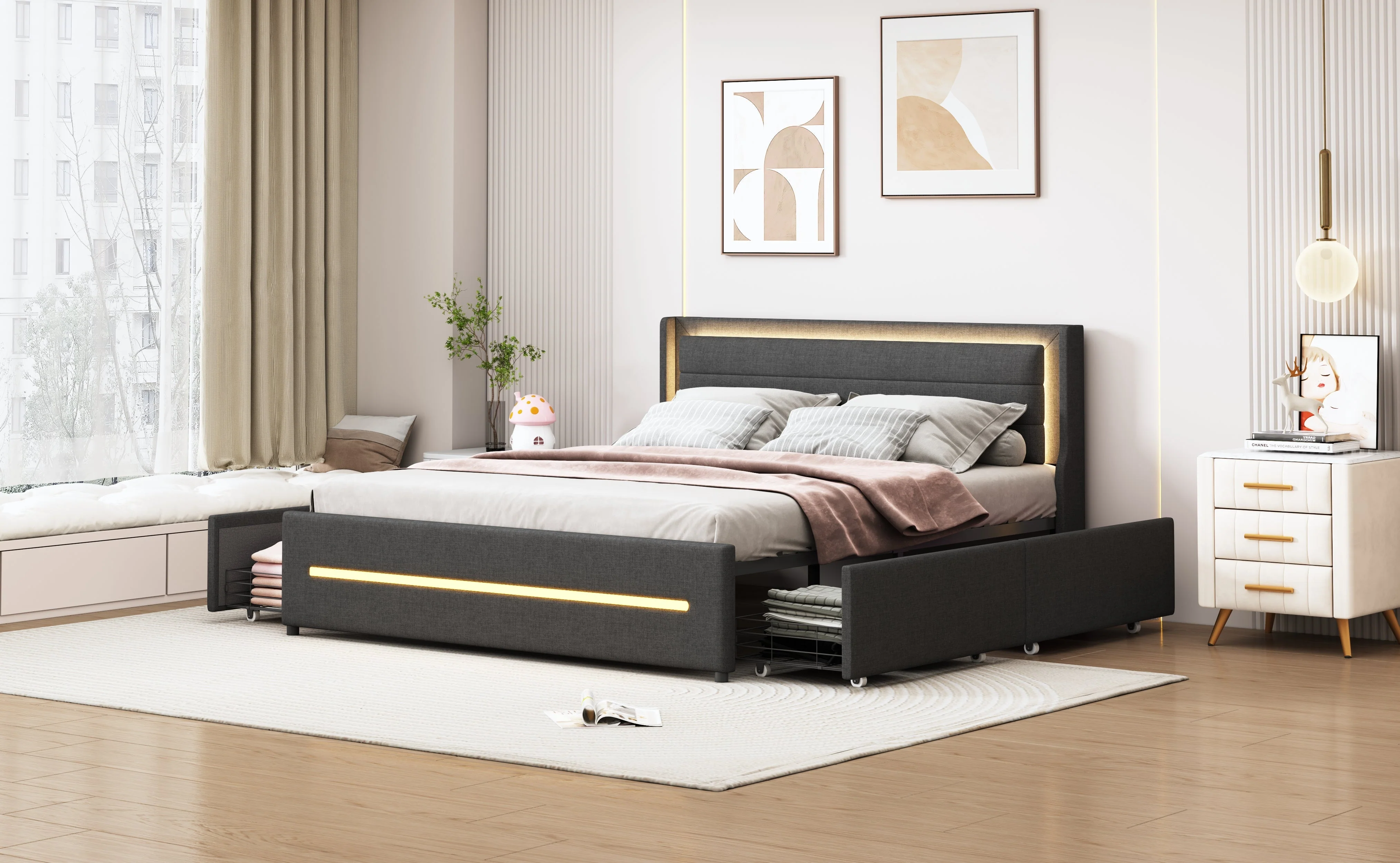 Upholstered Bed 160*200, LED Lighting, 4 Storage, Linen, Gray - Image 5
