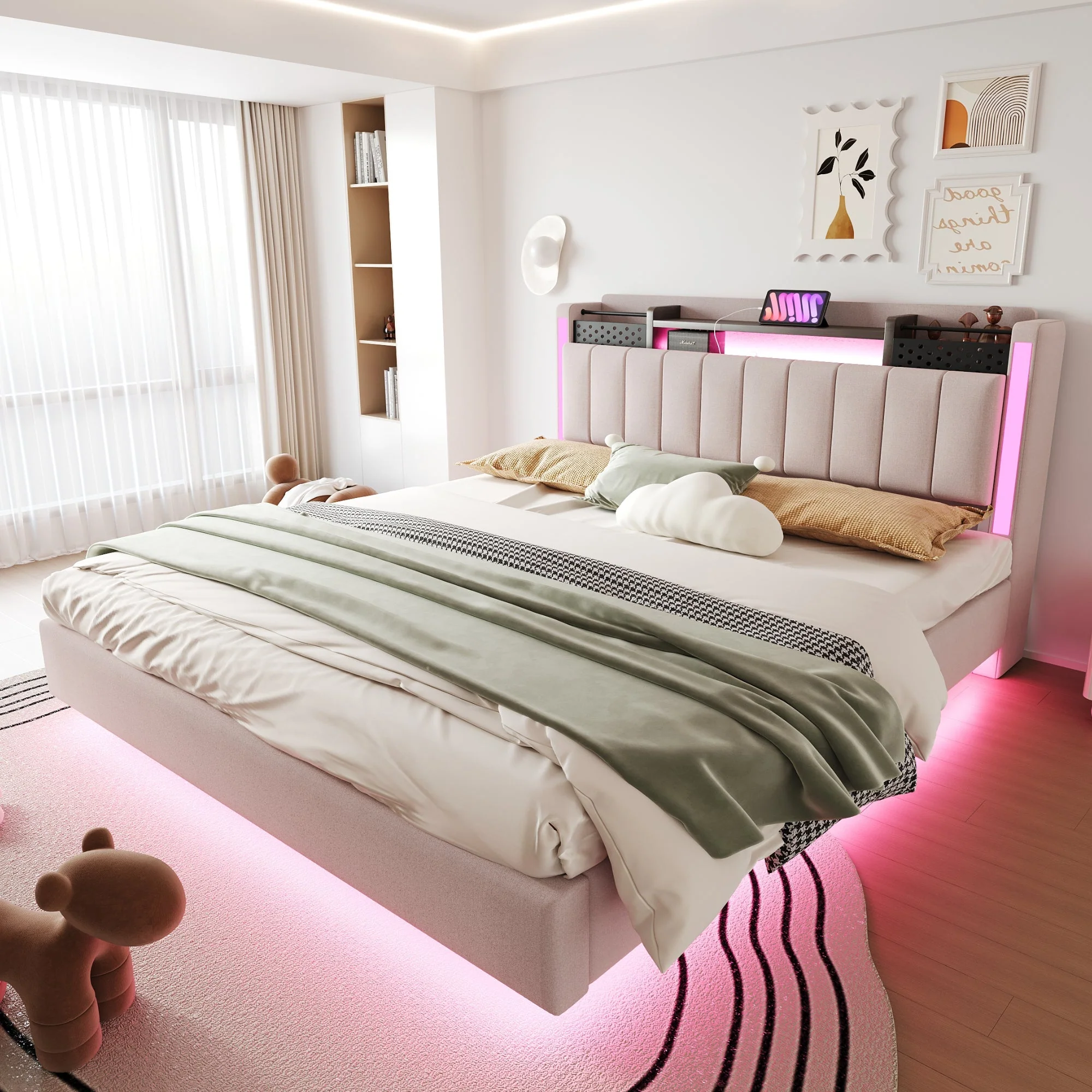 Upholstered Bed, 160*200 LED, USB, Storage, Floating, Linen Fabric, Beige - Image 2