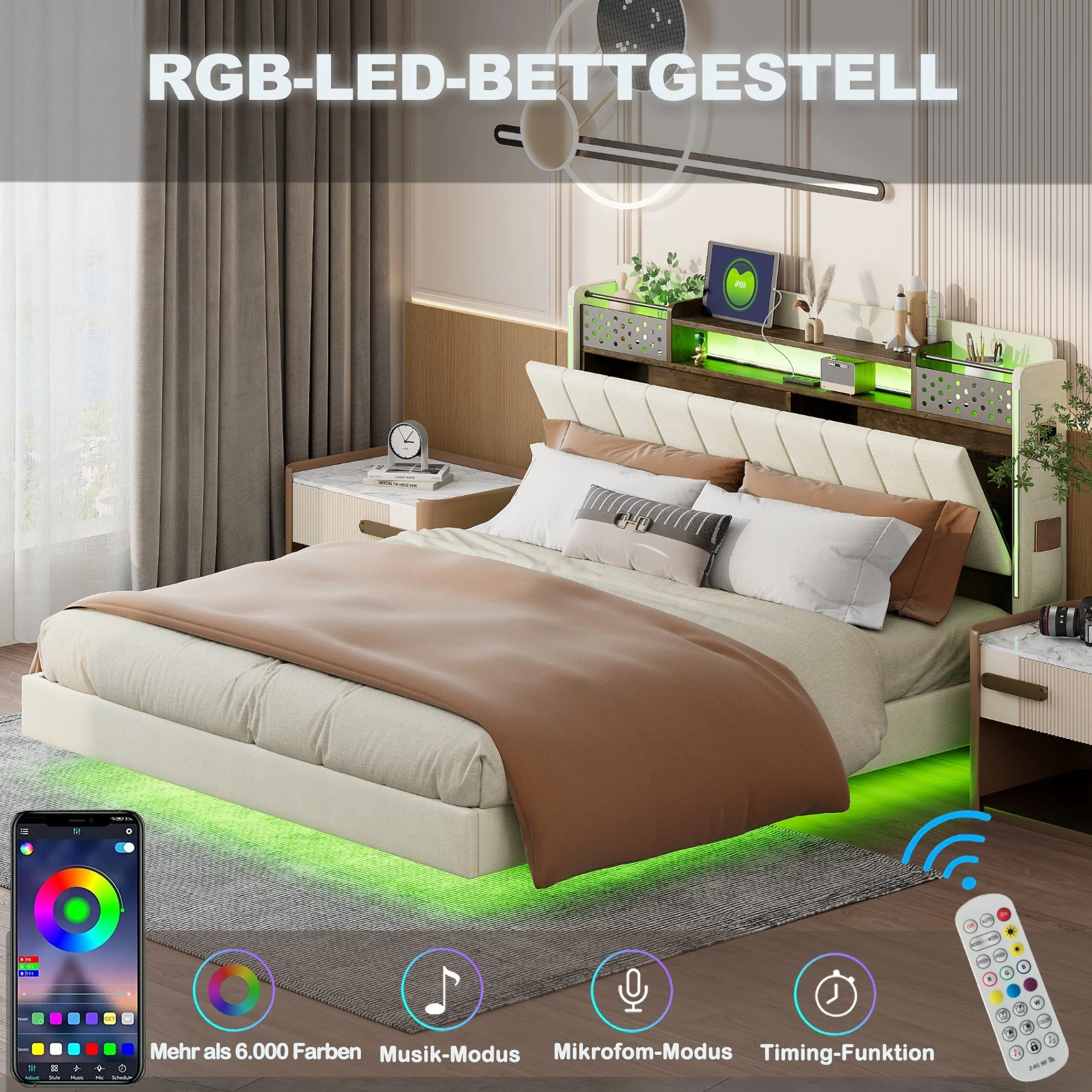 Upholstered Bed, 160*200 LED, USB, Storage, Floating, Linen Fabric, Beige - Image 6