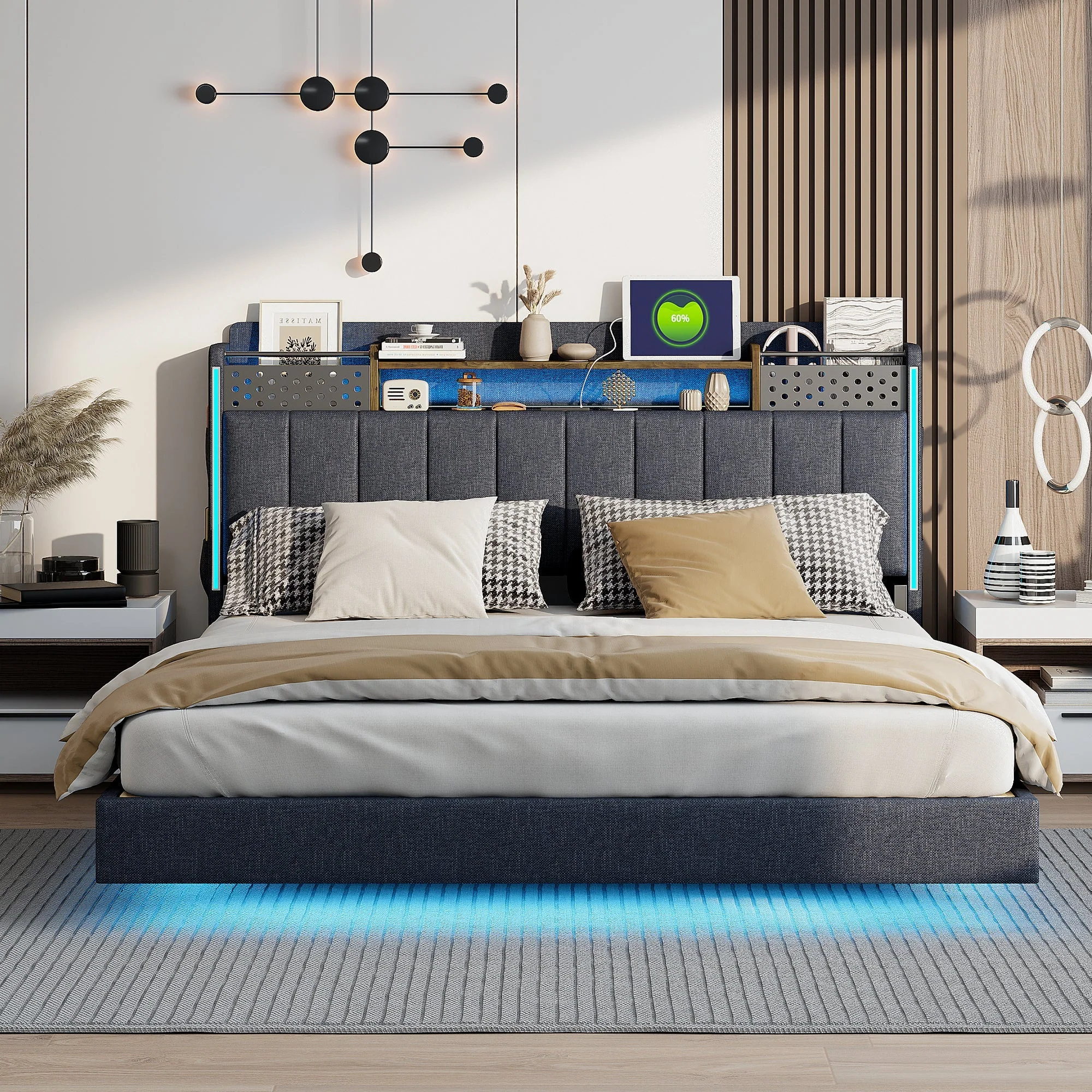 Upholstered Bed, 160*200 LED, USB, Storage Headboard, Grey Linen - Image 5